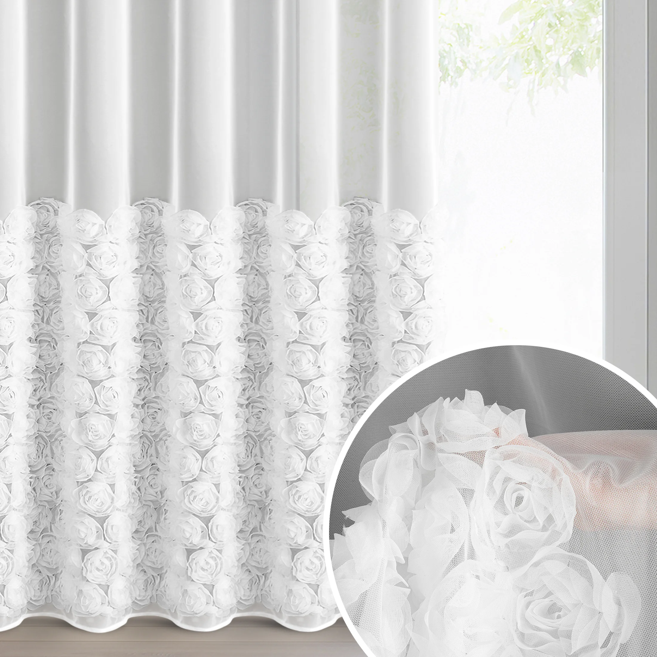 Firana biała z siateczki zdobiona aplikacją 3D w róże 140x270 cm taśma - ROSES2 - Eva Minge | eurofirany