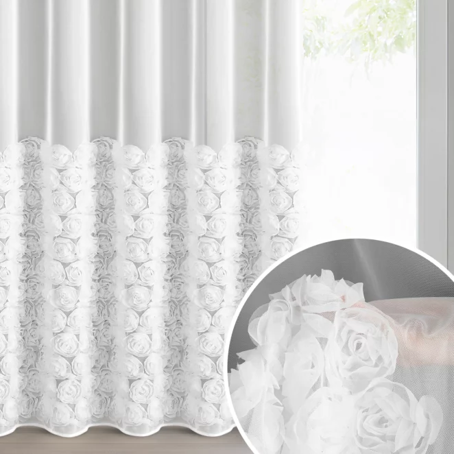 Firana biała z siateczki zdobiona aplikacją 3D w róże 140x270 cm taśma - ROSES2 - Eva Minge