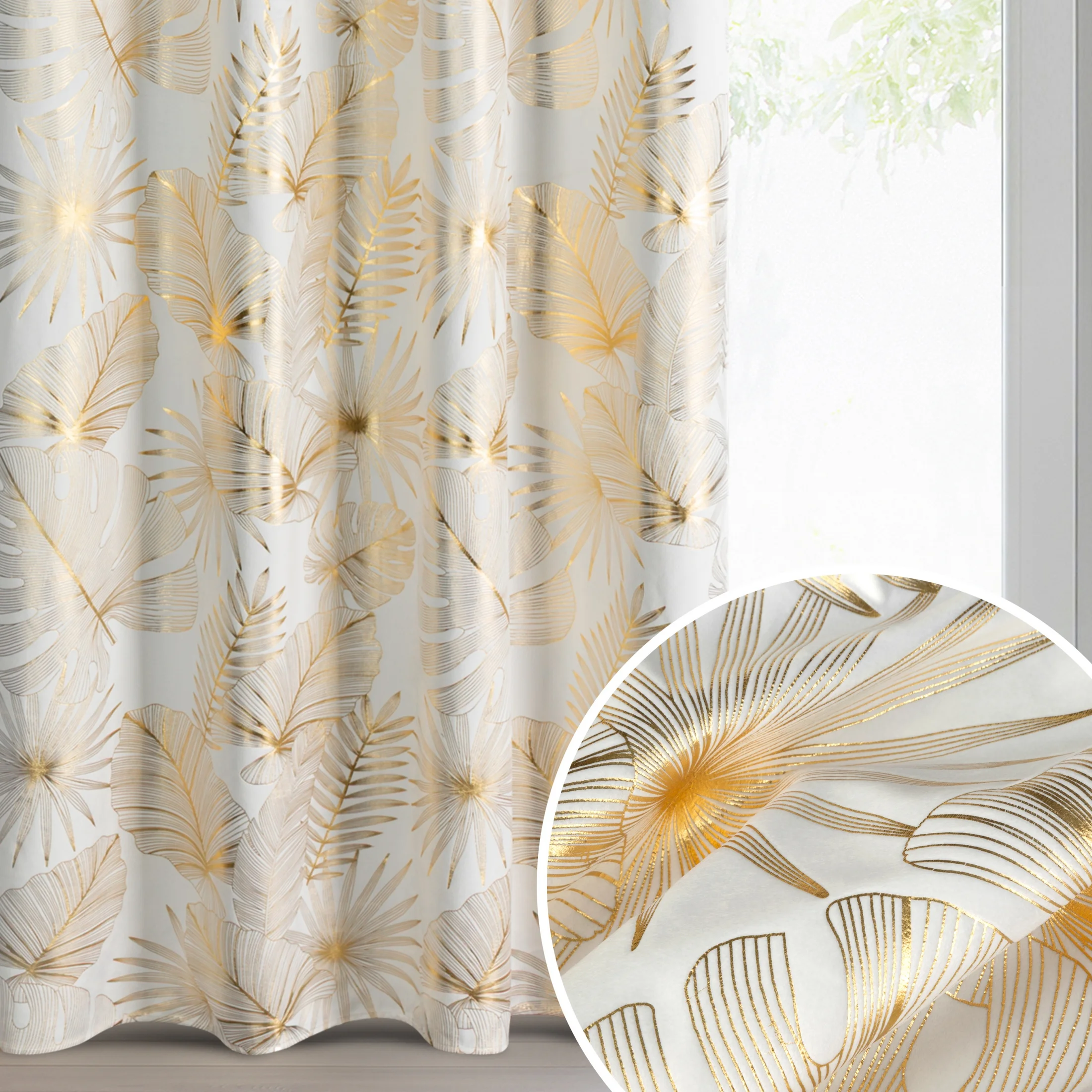 Zasłona kremowo, złota zdobiona błyszczącym motywem egzotycznych liści 140x250 cm przelotki - ZARIA | eurofirany