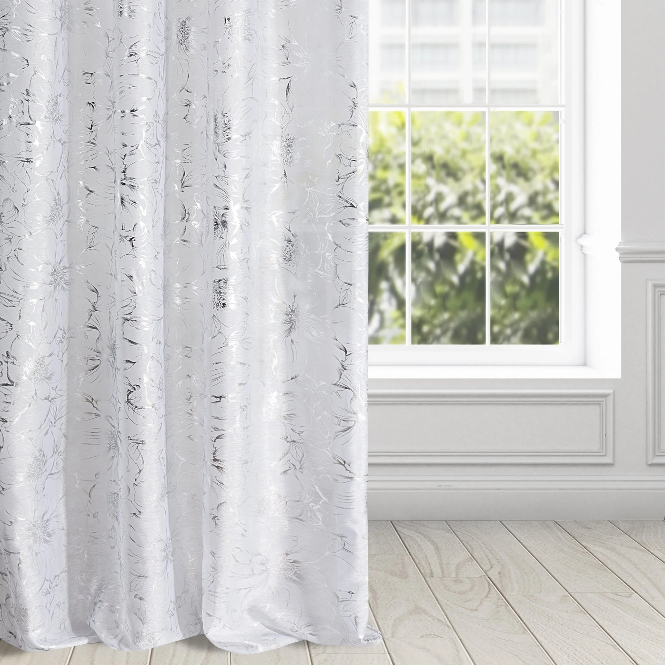 Firana biała z etaminy z nadrukiem srebrzystych kwiatów 140x300 cm taśma FEZA |