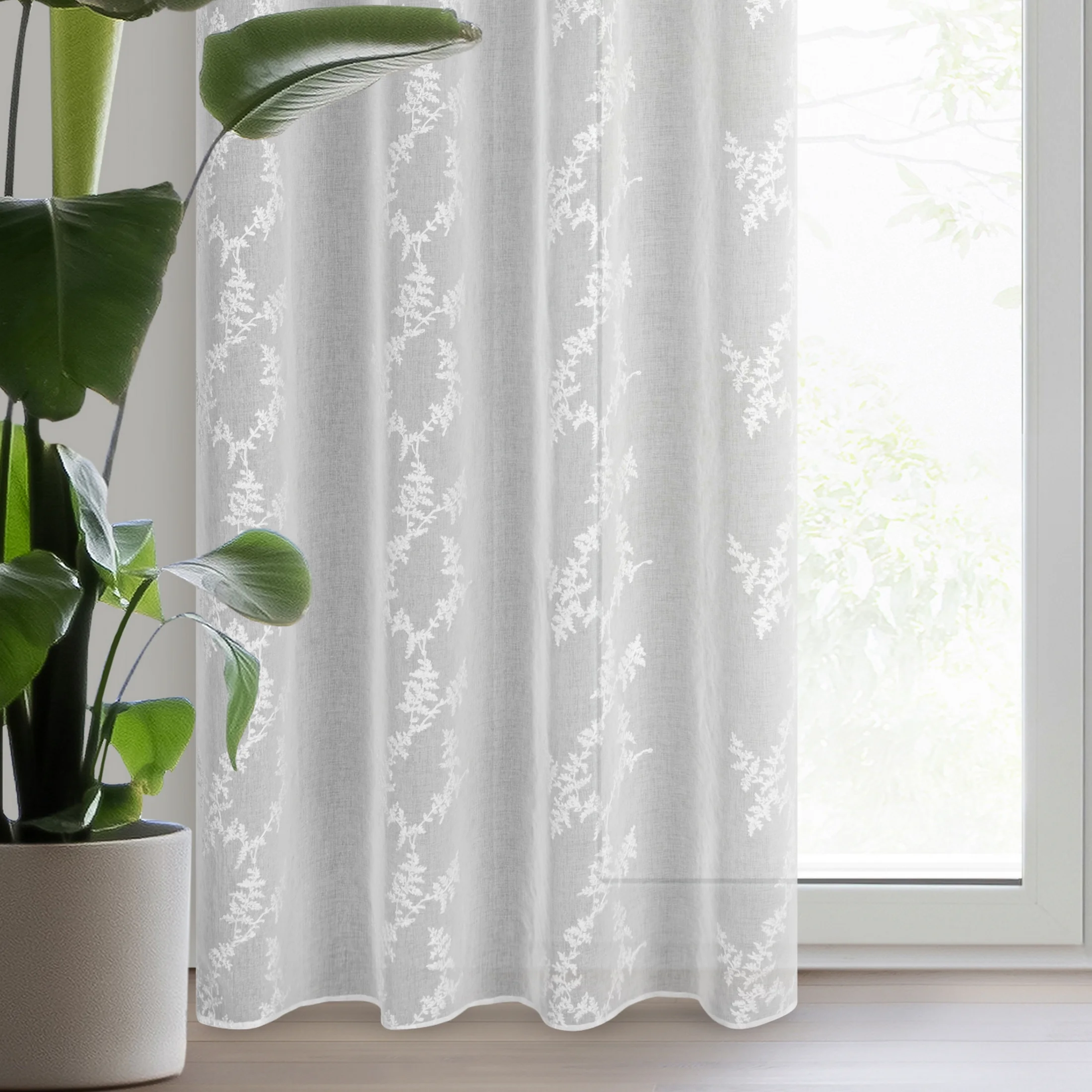 Firana biała z etaminy zdobiona roślinnym haftem 140x250 cm przelotka ANDY | eurofirany