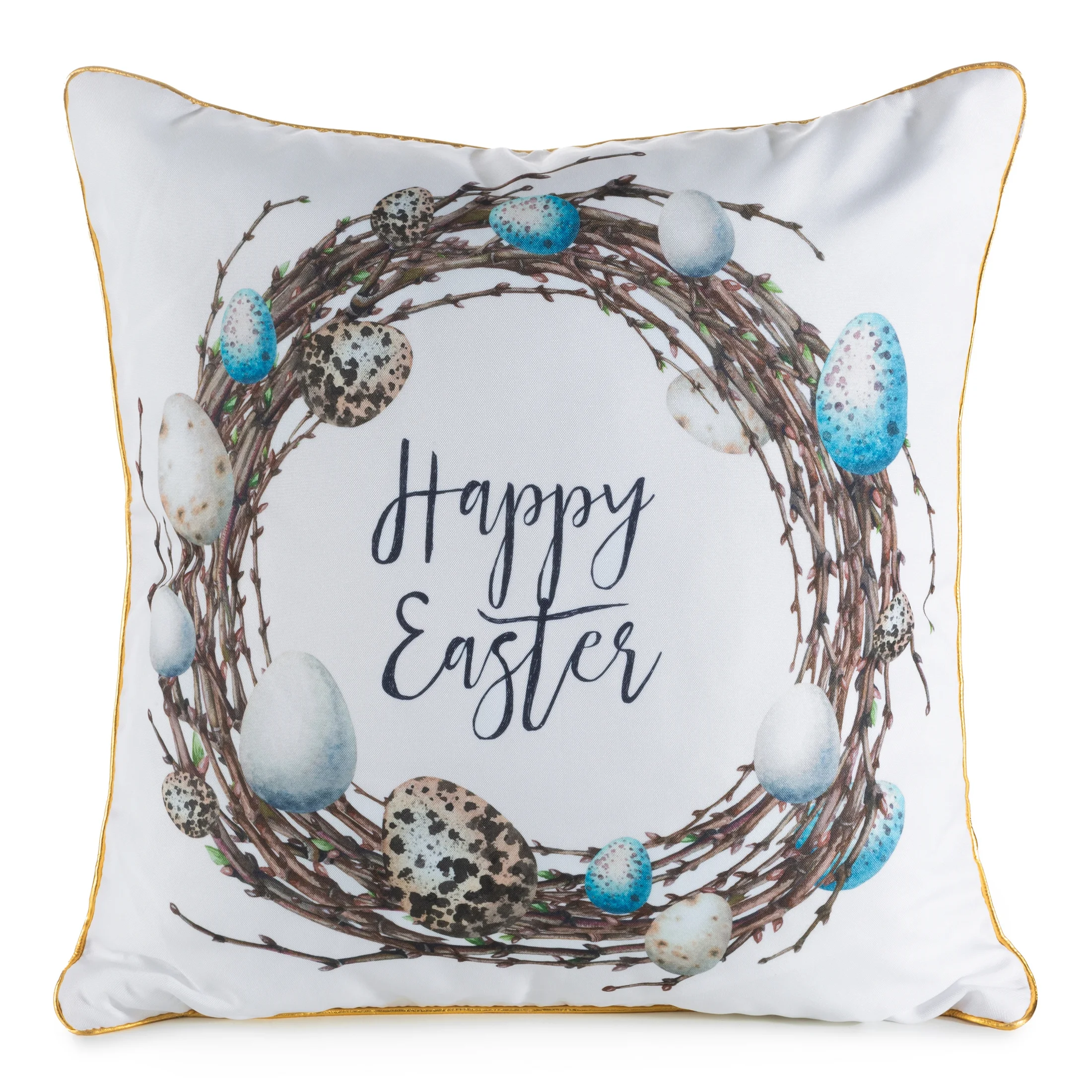Poszewka na poduszkę 45x45 cm biało, brązowa z motywem wielkanocnym z elegancką lamówką WIOSNA 51