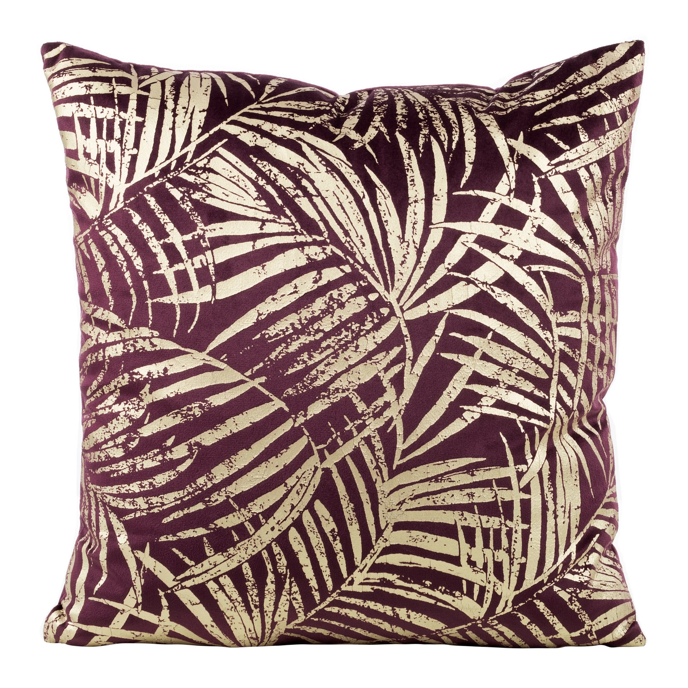 Poszewka na poduszkę 45x45 cm welwetowa fioletowa ze złocistym nadrukiem liści BLINK 26 | eurofirany