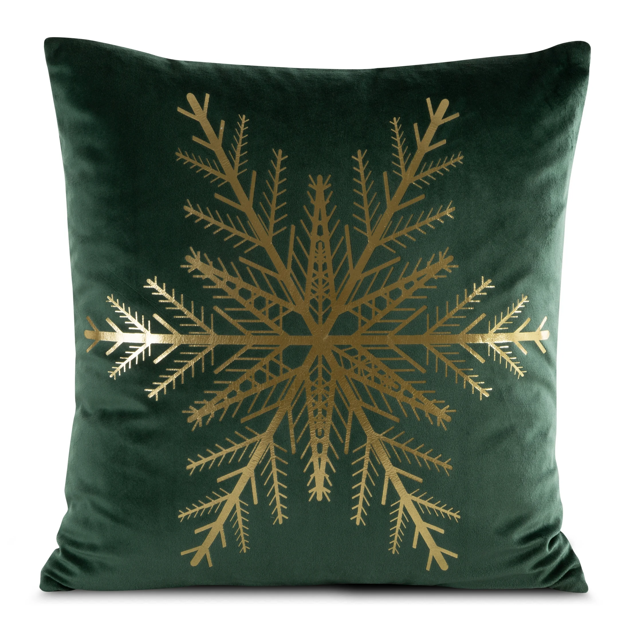 Poszewka na poduszkę 45x45 cm welwetowa zdobiona śnieżynkami zielono, złota JOY | 