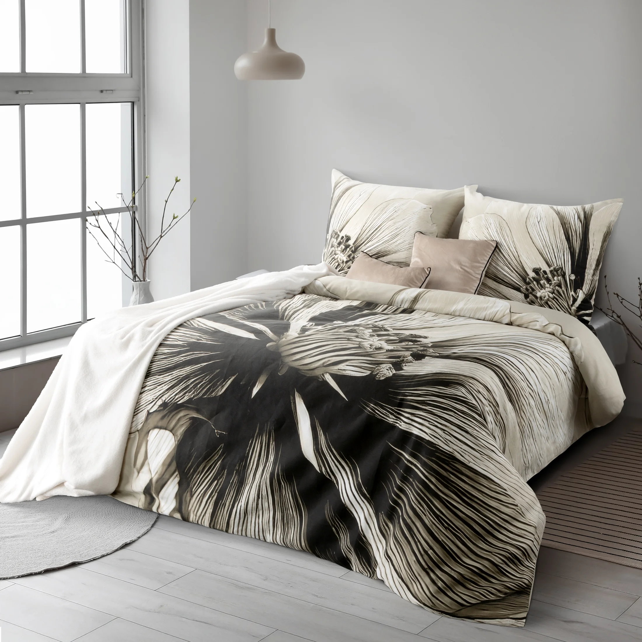 Pościel 220x200 cm z satyny bawełnianej kolor jasnobeżowy, brązowy z motywem roślinnym SPRING 78 | eurofirany