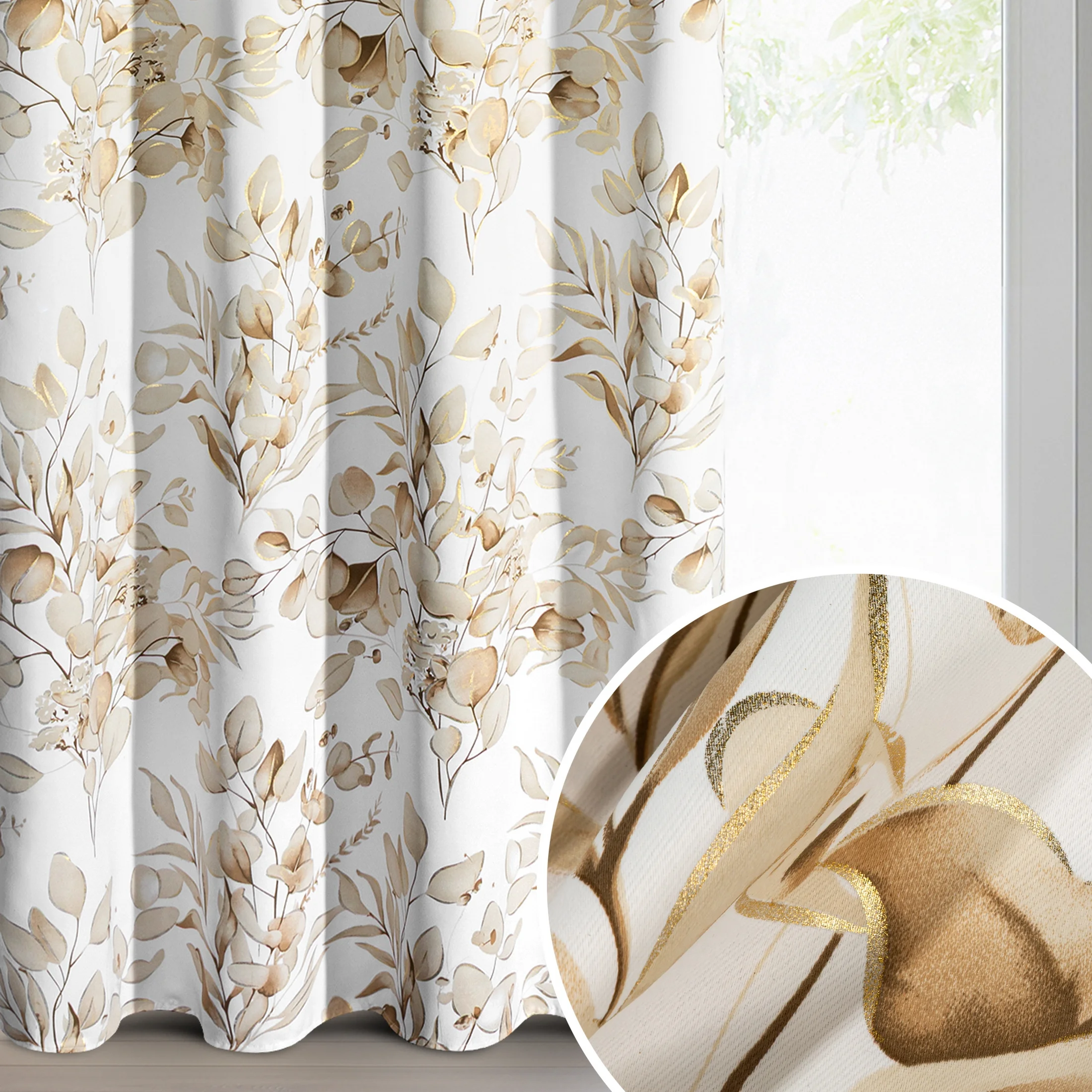 Zasłona beżowo, złota zaciemniająca z roślinnym nadrukiem i błyszczącymi akcentami 140x250 cm przelotki - OLENI | eurofirany
