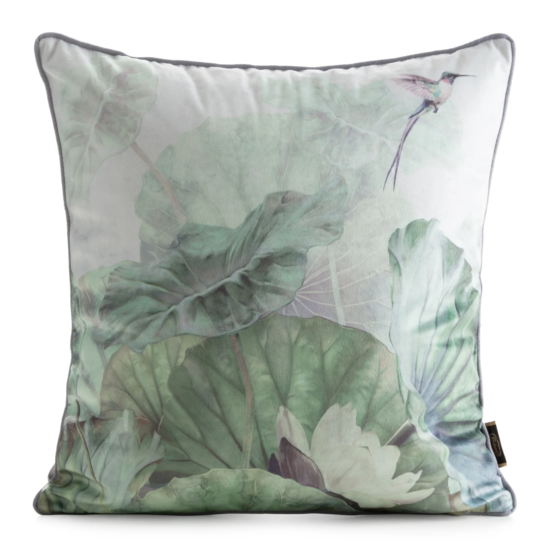 Poszewka na poduszkę 45x45 cm welwetowa, zielono srebrna zdobiona egzotycznym nadrukiem VELVET 194 Eurofirany Premium