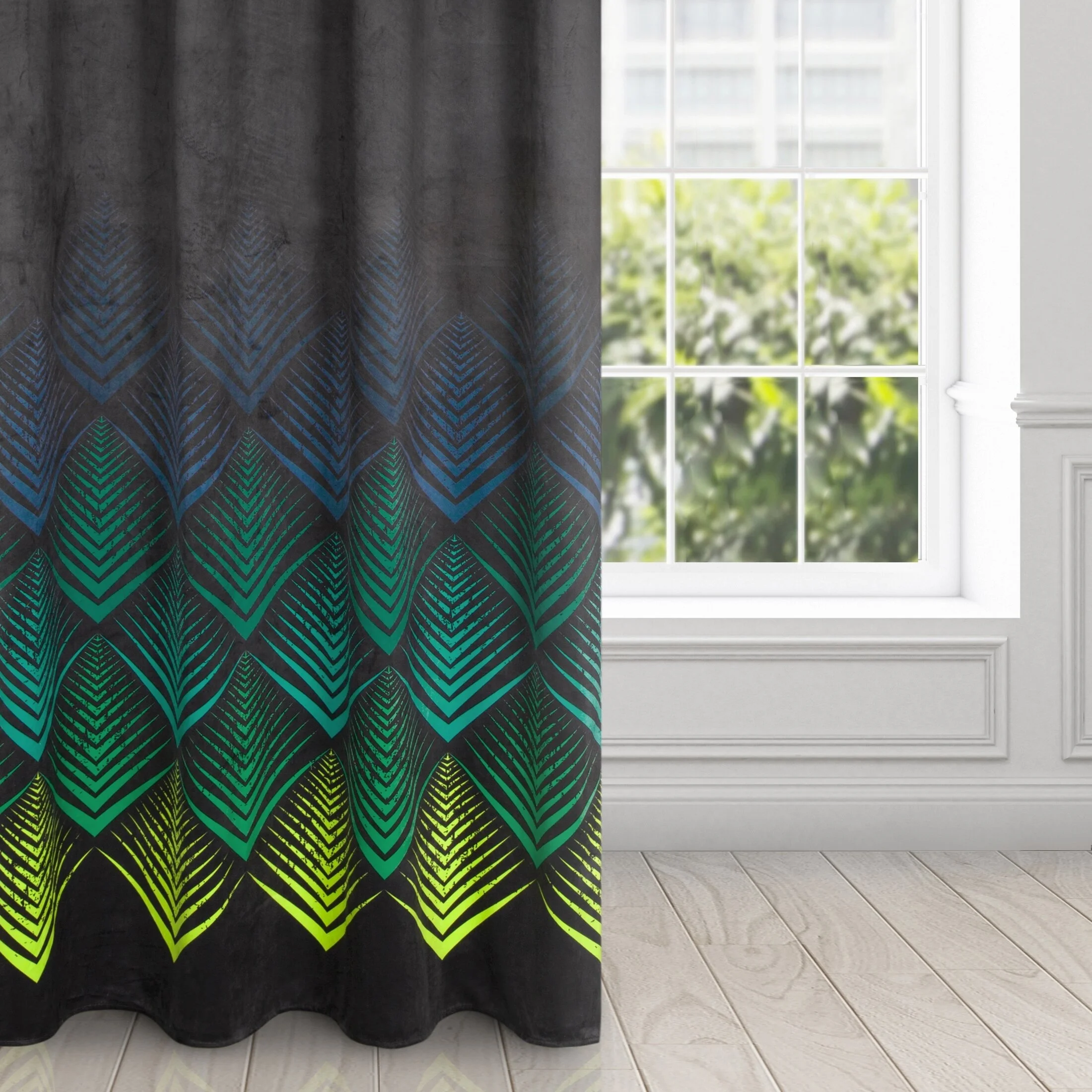 Zasłona welwetowa czarno, turkusowa z wzorem geometrycznym 140x250 cm przelotka - ANGELINA | eurofirany