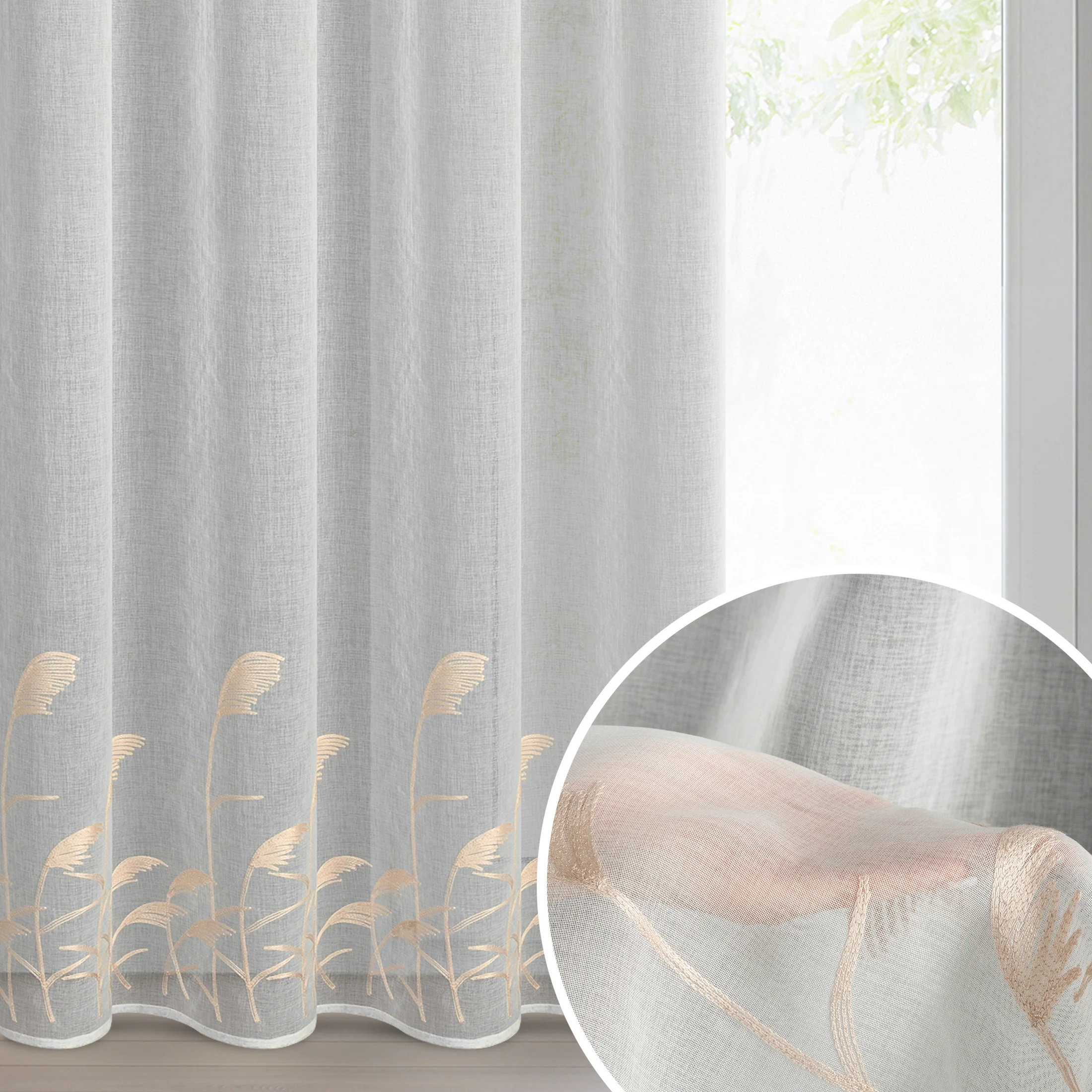 Firana biało, beżowa z etaminy zdobiona haftem w źdźbła ozdobnej trawy 140x250 cm przelotka - TASHA | eurofirany