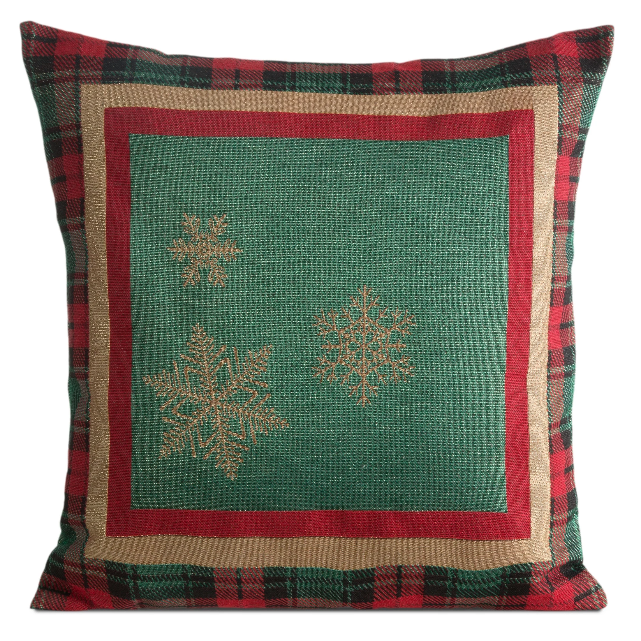 Poszewka na poduszkę 45x45 cm bawełniana, gobelinowa kolor zielony z motywem kraty i złotych śnieżynek STAR | eurofirany