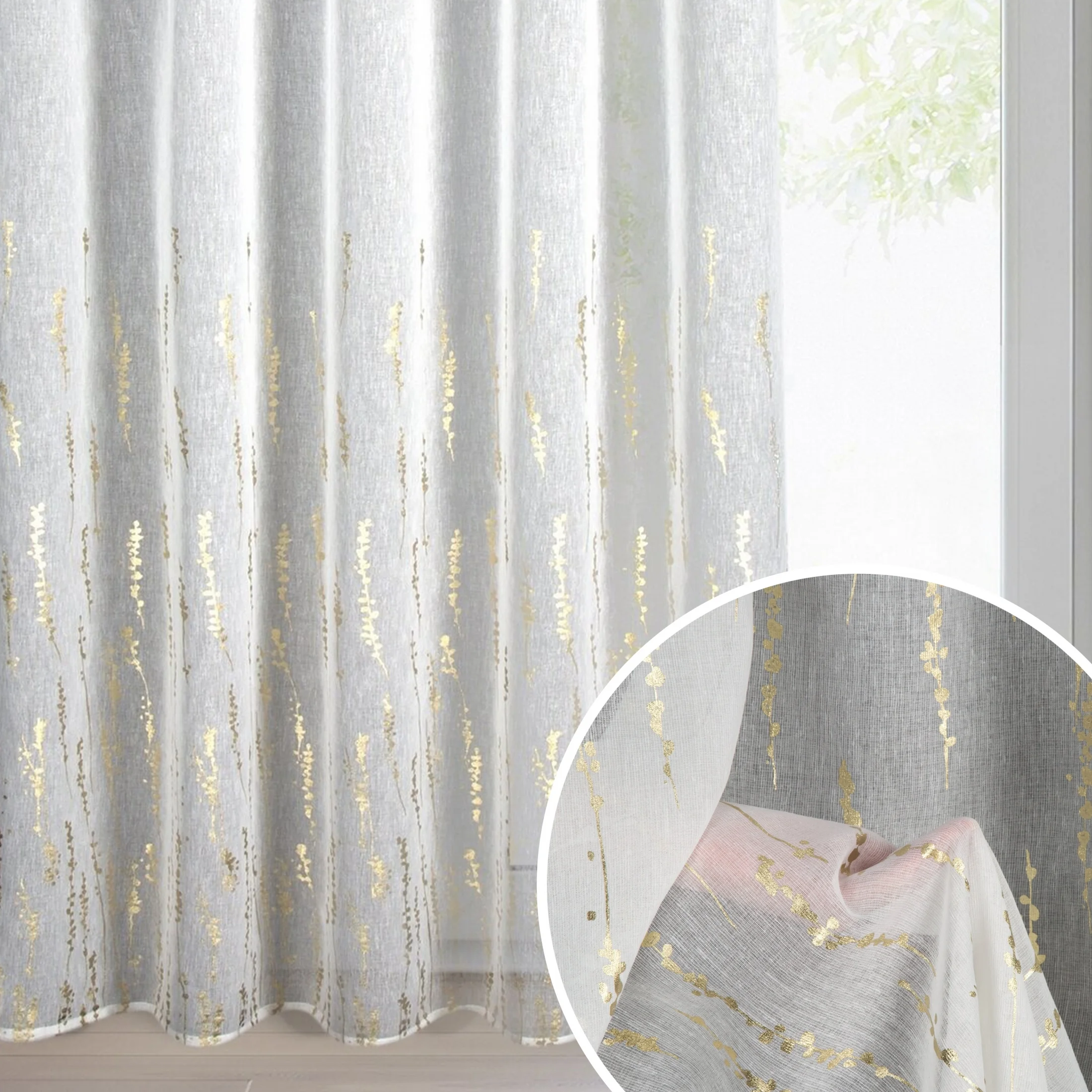 Firana biało, szampańska z matowej tkaniny zdobiona błyszczącym wzorem 140x270 cm taśma LINZI | eurofirany