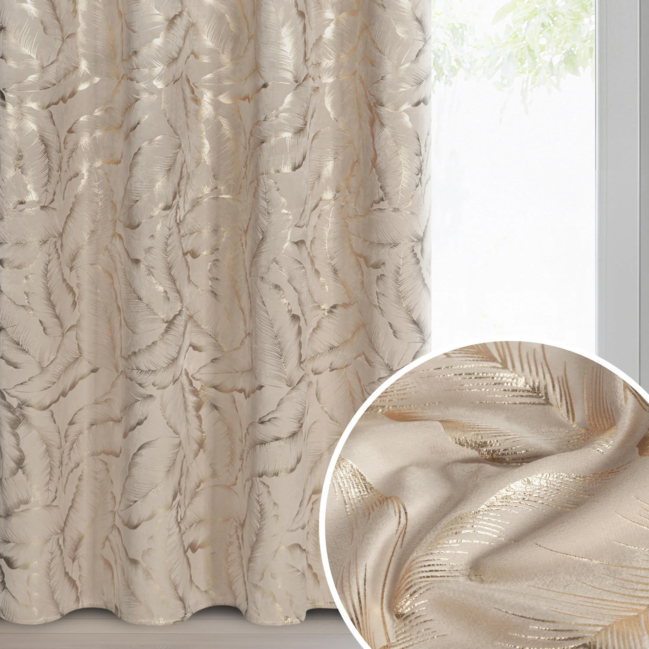 Zasłona beżowo szampańska zdobiona nadrukiem liści 140x250 cm złota przelotka - MILENA | eurofirany