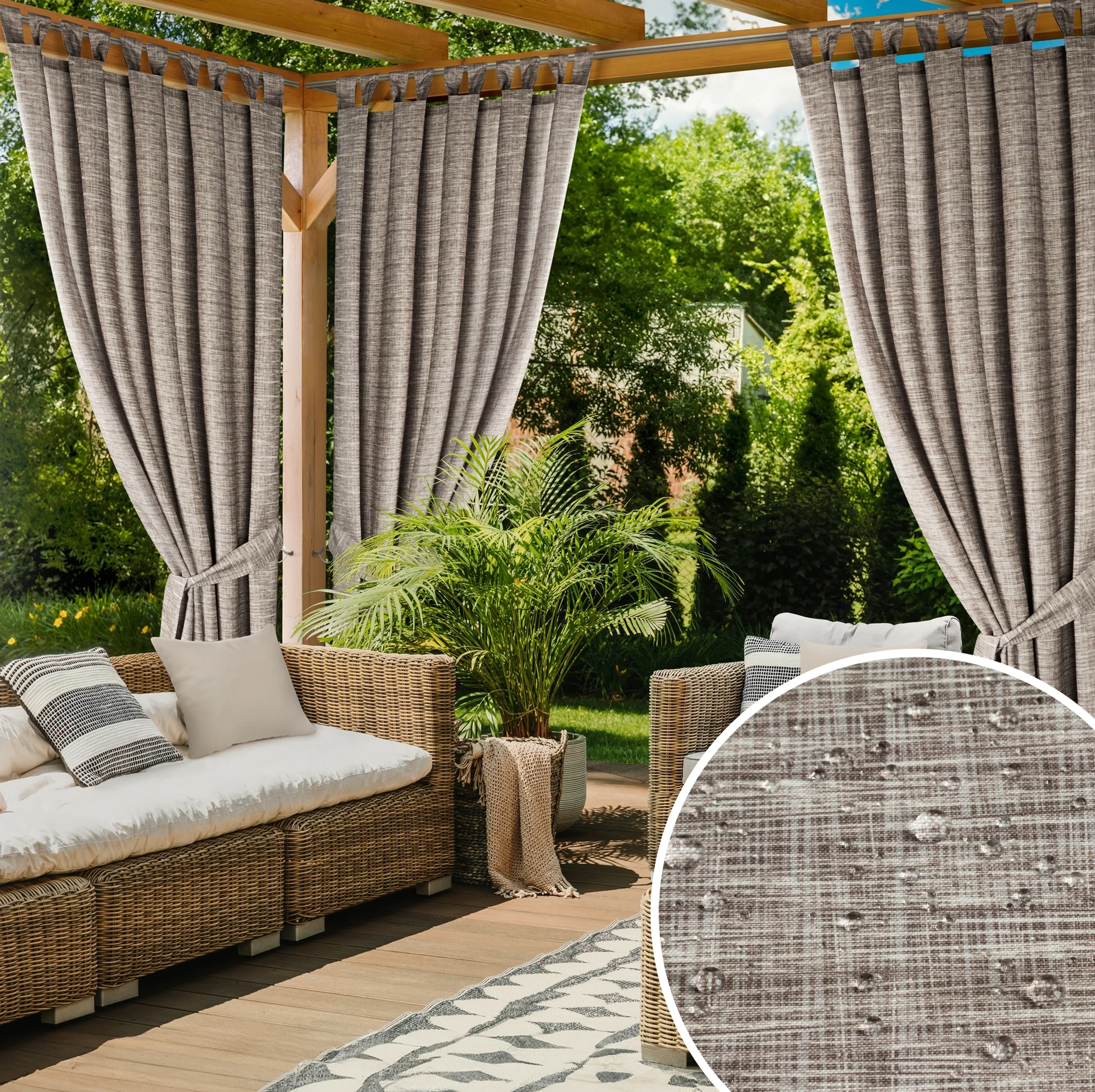 Zasłona brązowo, kremowa z wodoodpornej tkaniny idealna do ogrodu i na taras 155x220 cm szelki/rzep GARDEN | eurofirany