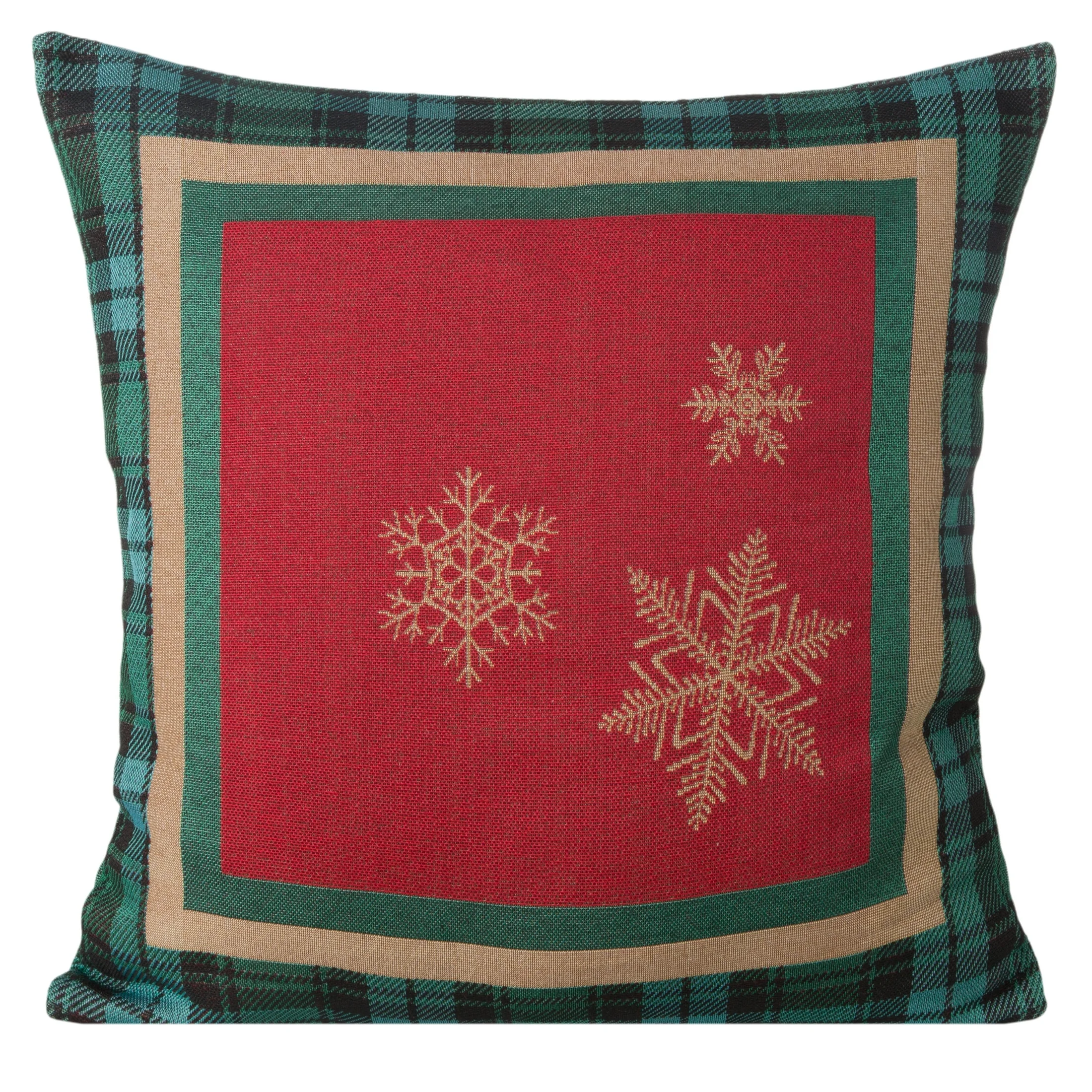 Poszewka na poduszkę 45x45 cm bawełniana, gobelinowa czerwona z motywem kraty i złotych śnieżynek CHERRY | eurofirany
