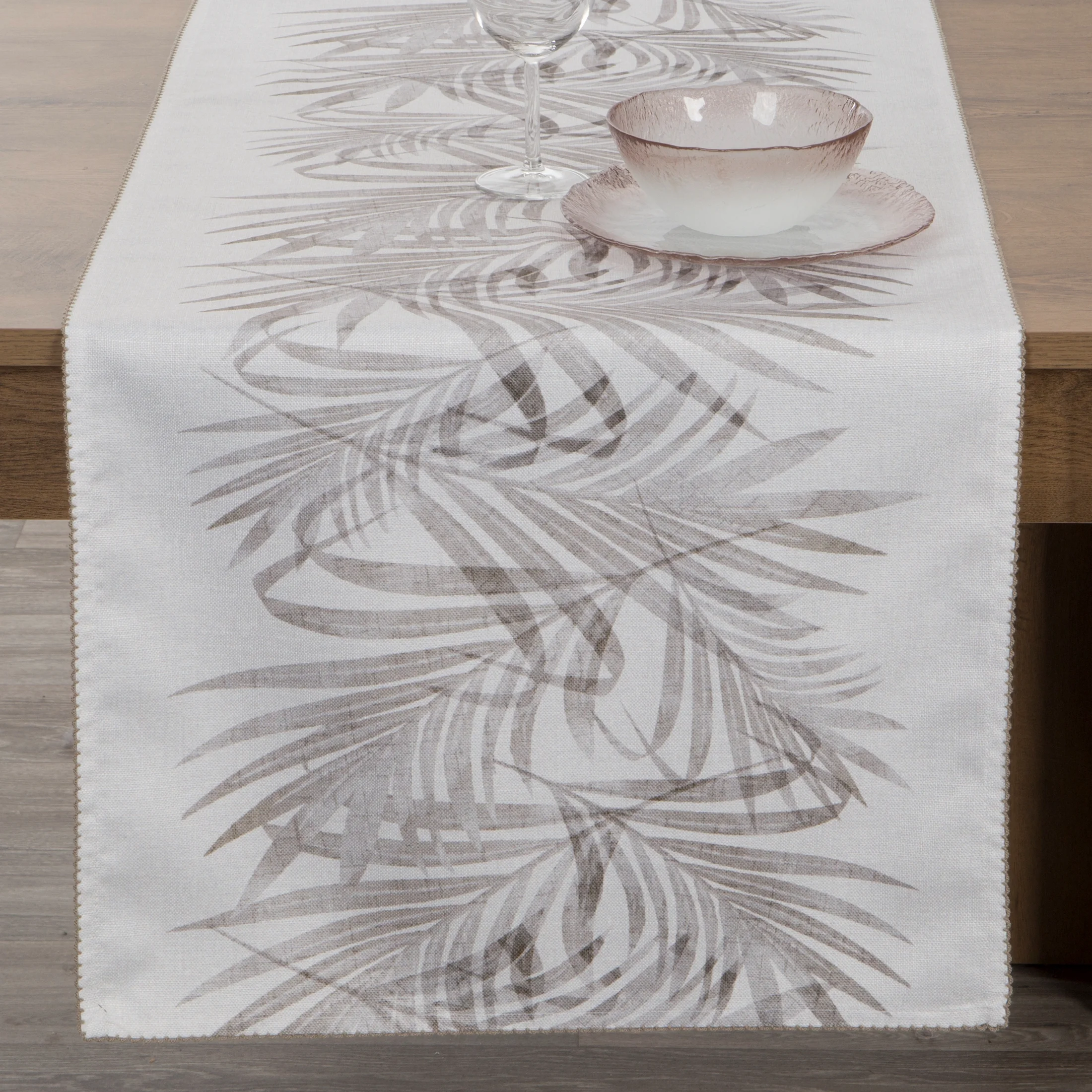 Bieżnik na stół naturalno, stalowy 40x180 cm INES z nadrukowanym motywem liści palmowych