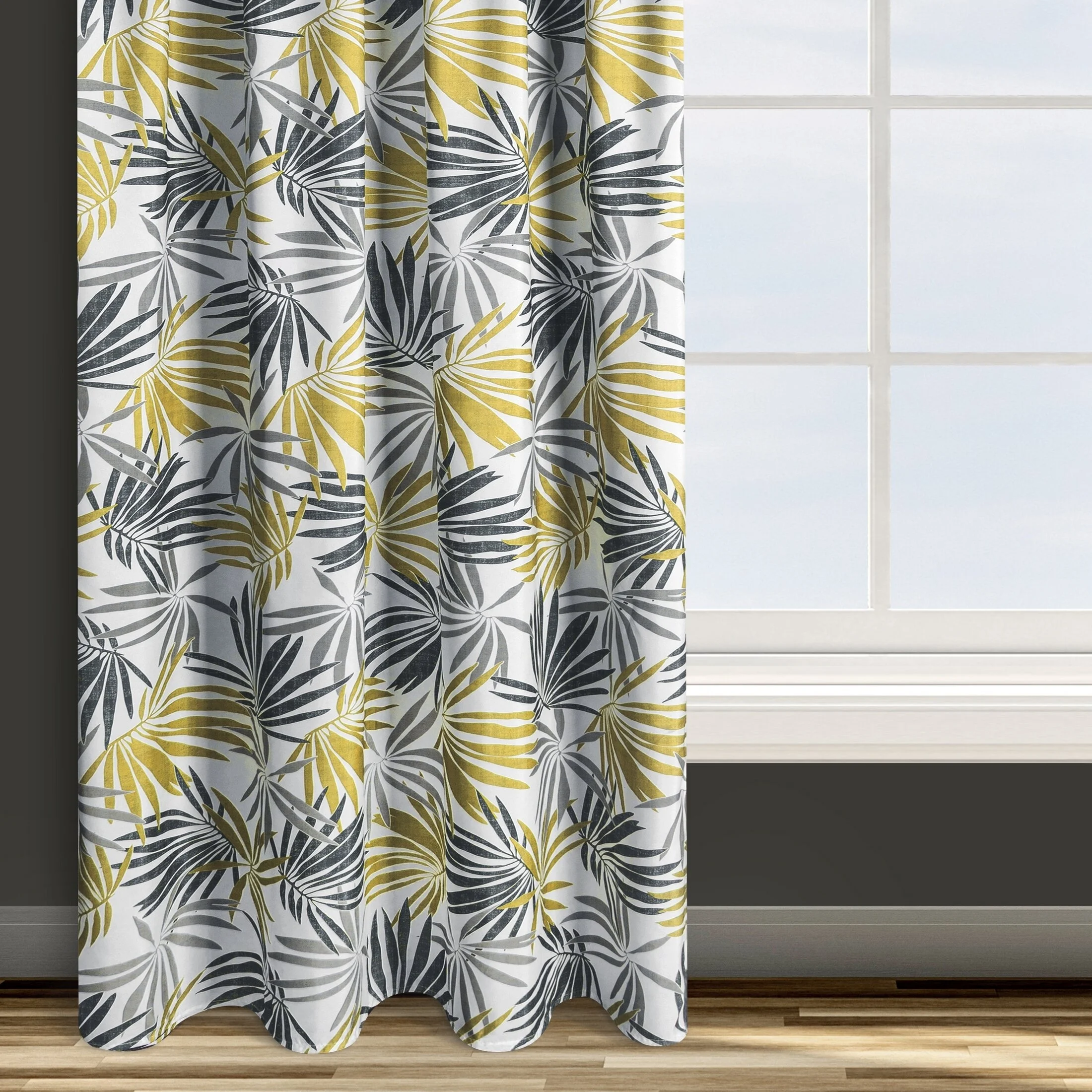 Zasłona biało, musztardowa we wzór liści 140x250 cm taśma - ELINA - Design 91 | 