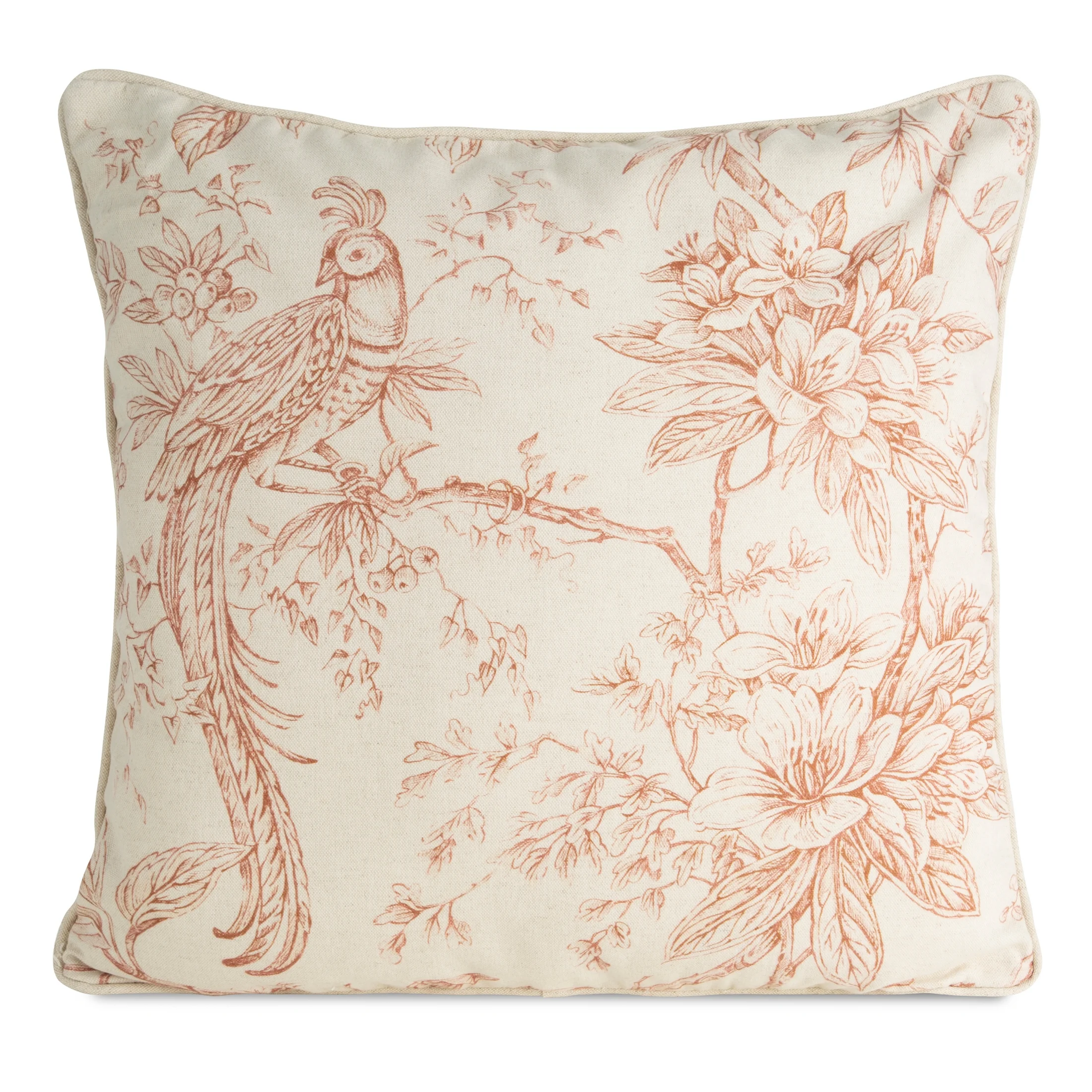 Poszewka na poduszkę 50x50 cm bawełniana z dodatkiem lnu zdobiona nadrukiem roślinnym kremowo, pudrowa LEN | eurofirany