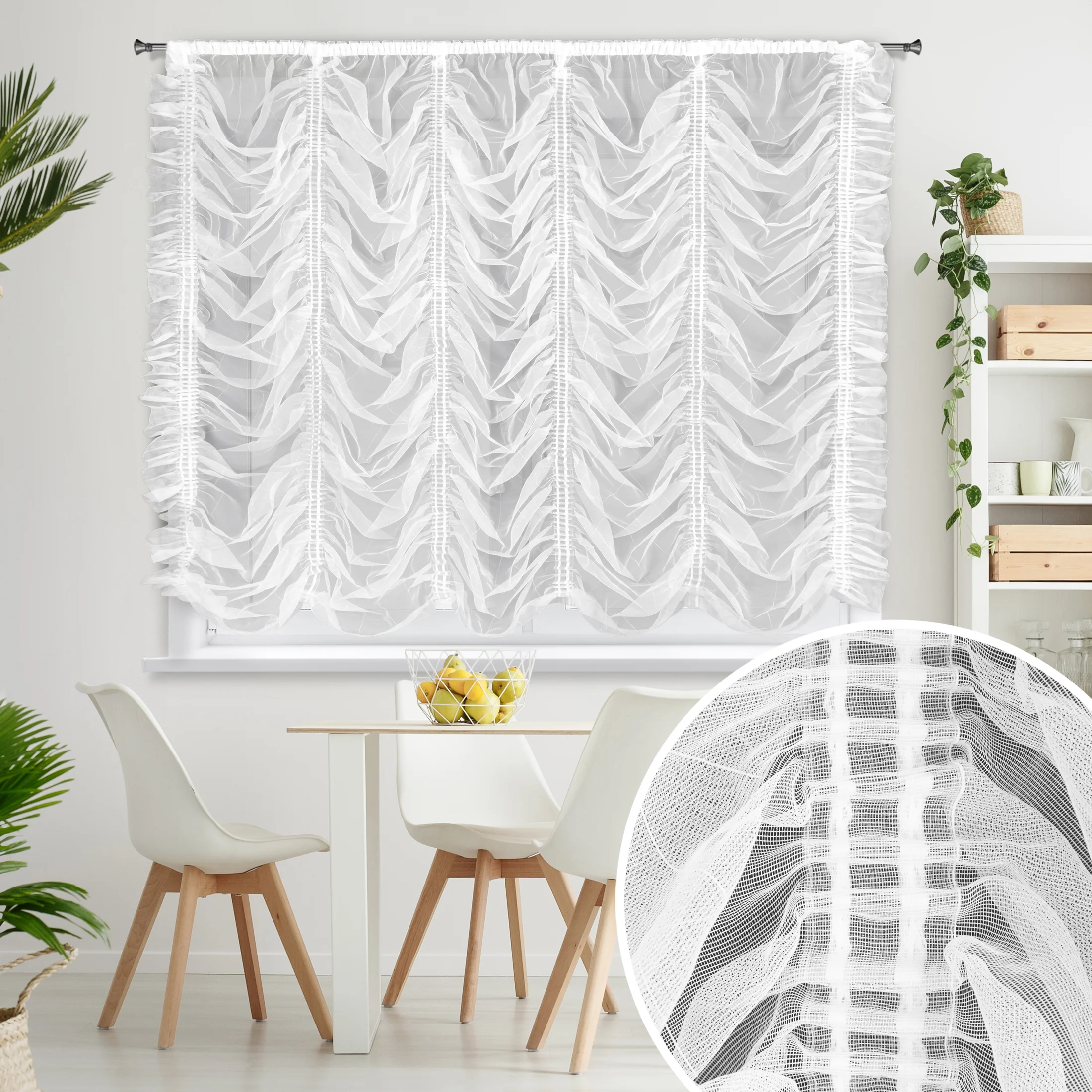 Firana biała marszczona w pionie układająca się w lekkie fale 140x150 cm | eurofirany