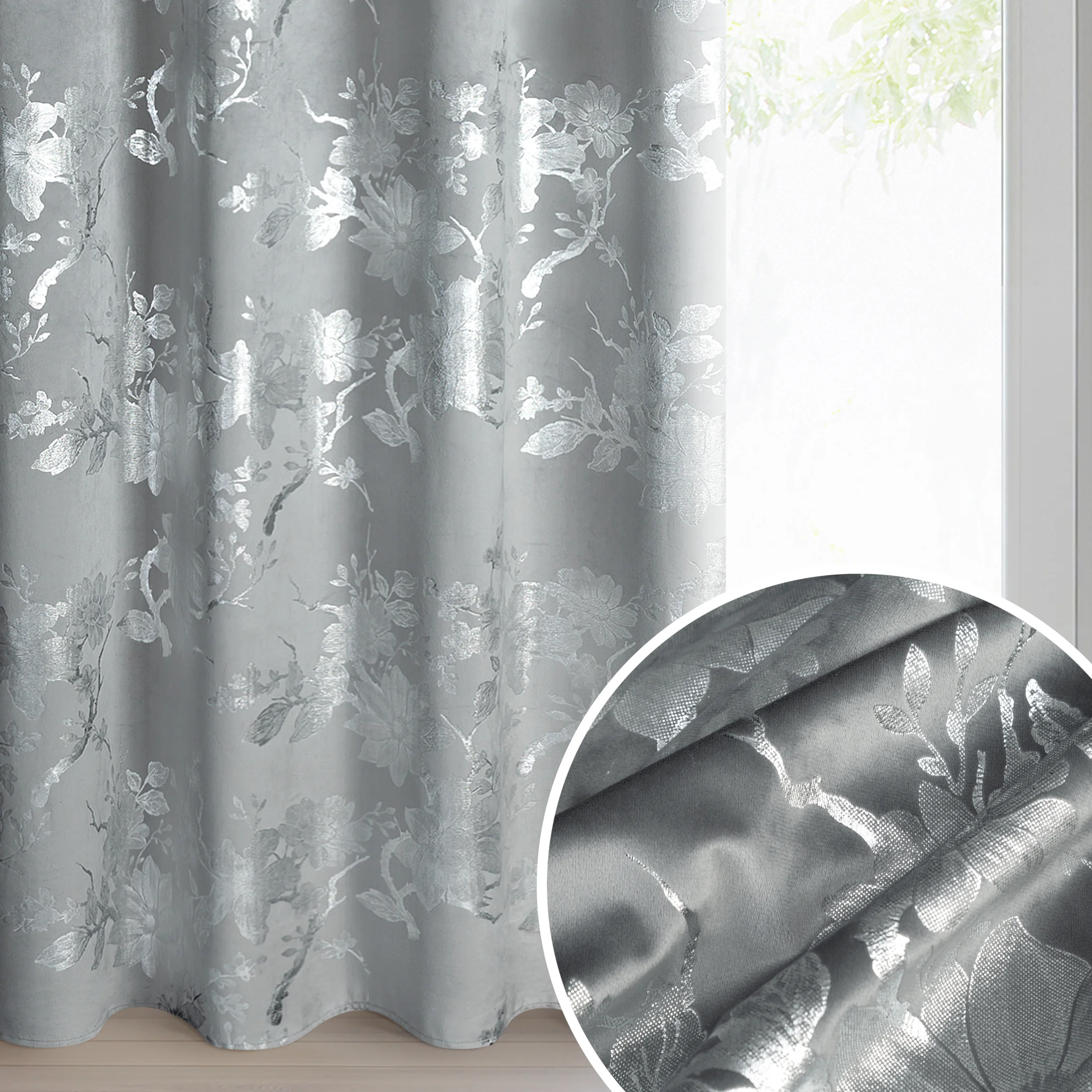 Zasłona stalowo, srebrna zdobiona nadrukiem błyszczących kwiatów 140x250 cm przelotka - CELIA | eurofirany