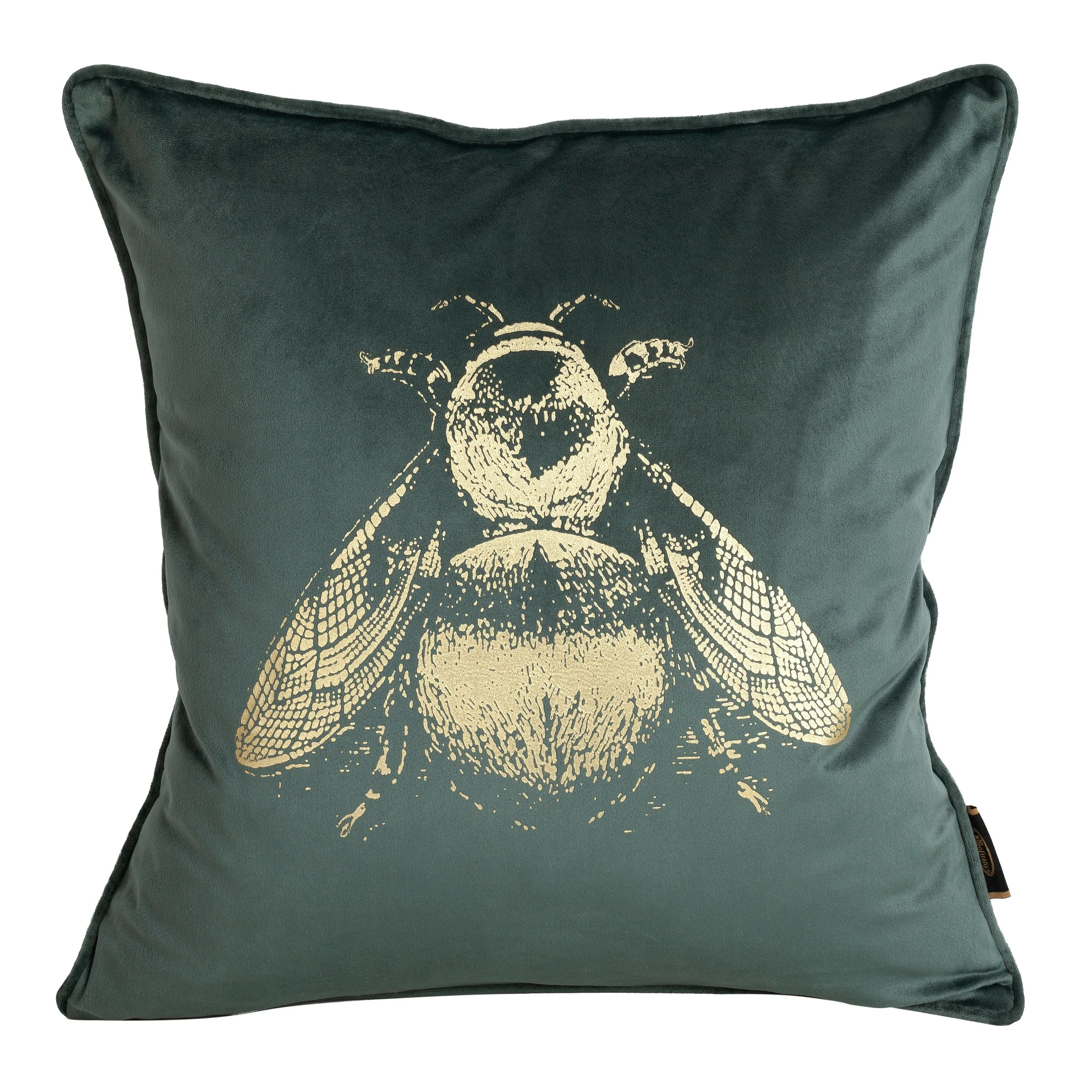 Poszewka na poduszkę 45x45 cm welwetowa miętowa, dwustronna z nadrukiem złocistej pszczoły BLINK 41 | eurofirany