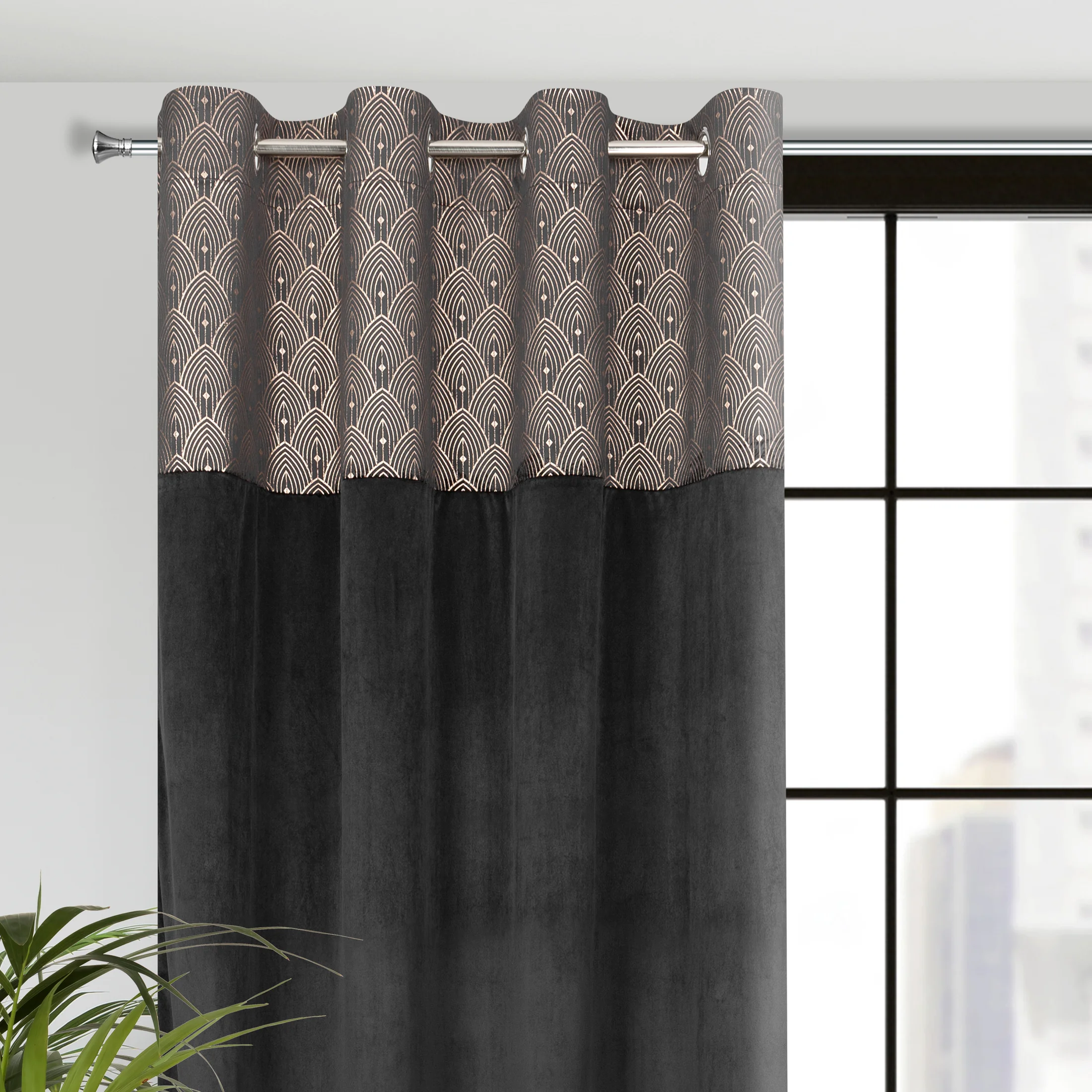 Zasłona czarna z aplikacją z błyszczącego welwetu 140x250 cm przelotka - AGNES - Design 91 | eurofirany