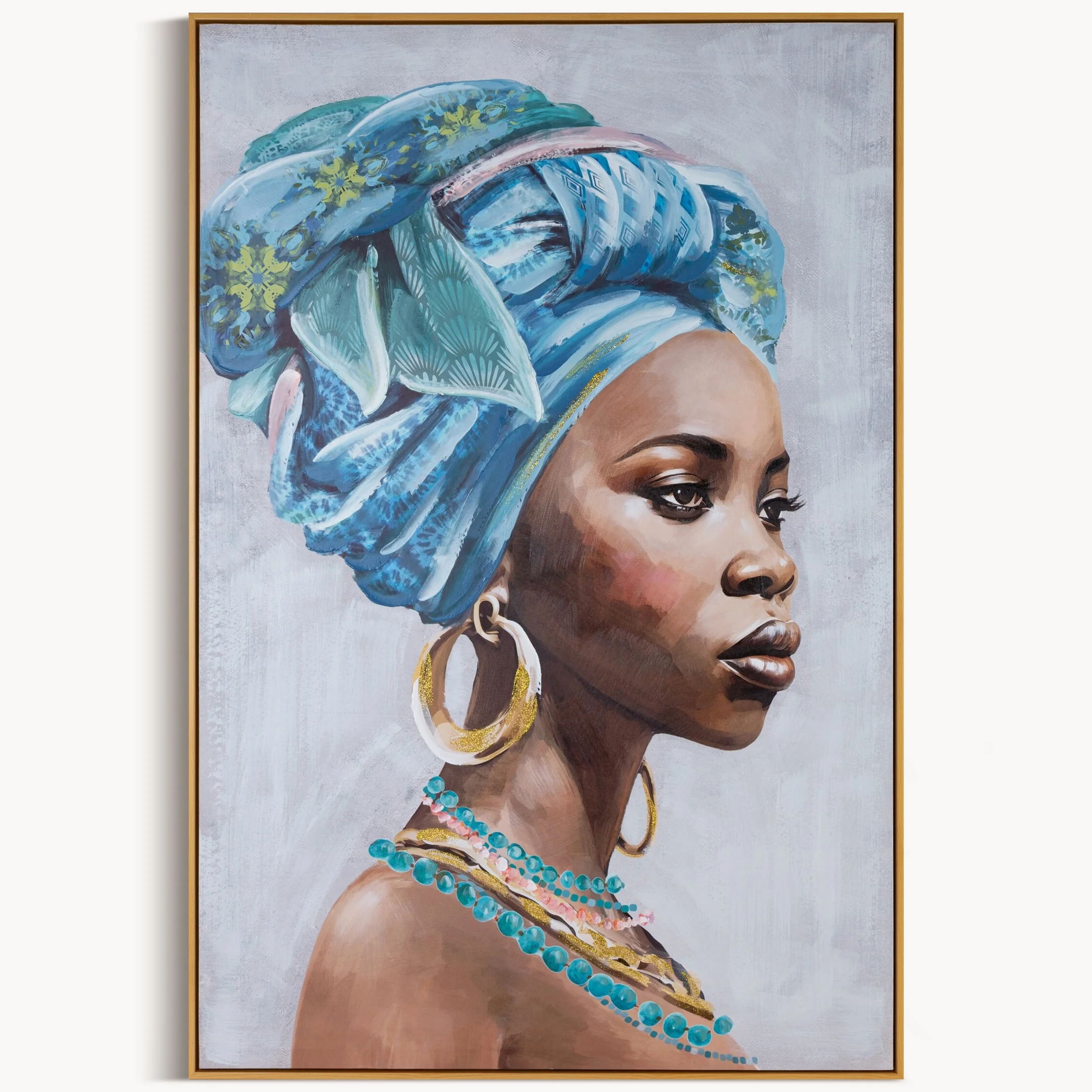 Obraz postaci szaro, niebieski malowany ręcznie na płótnie oprawiony w ramę 80x120 cm | eurofirany