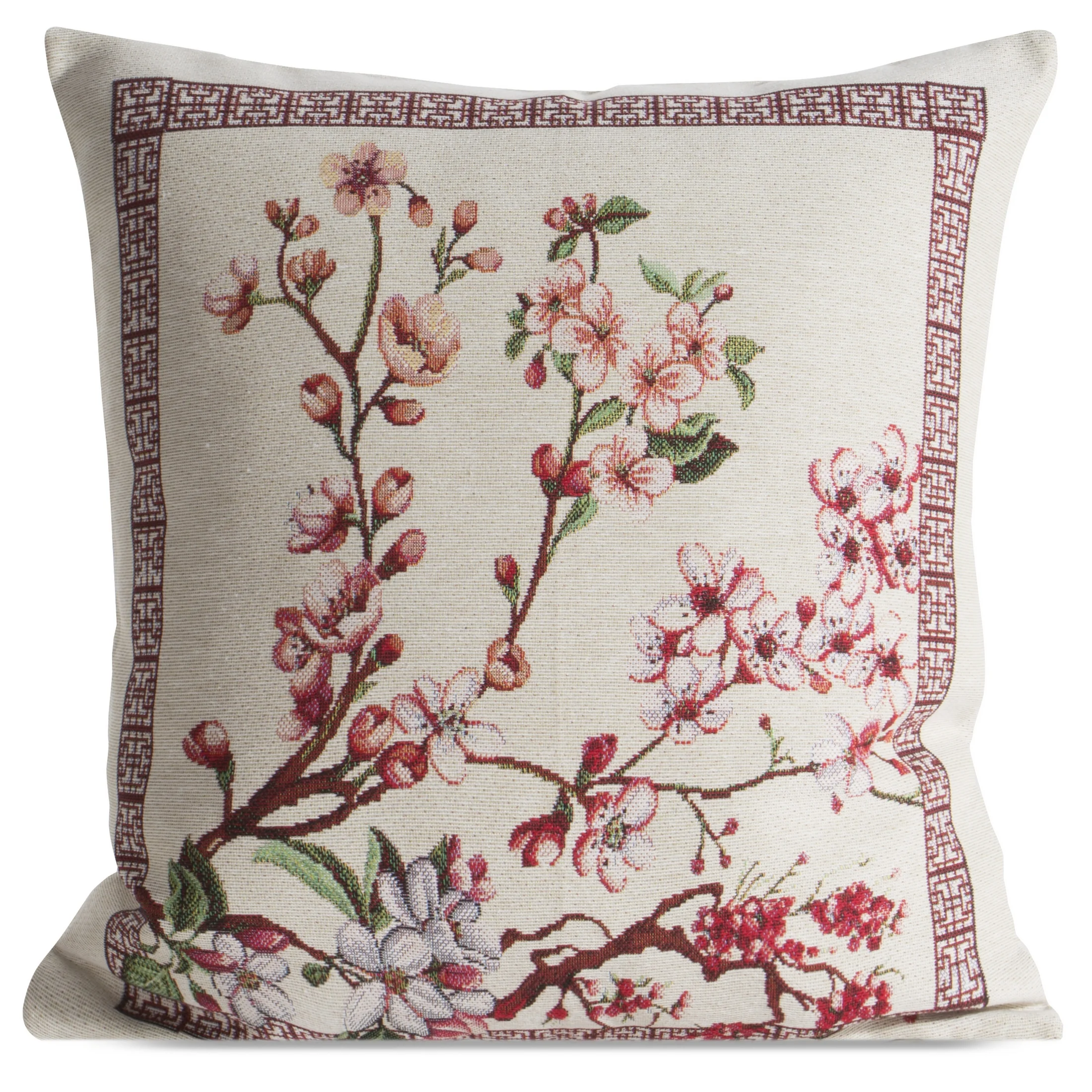 Poszewka na poduszkę 45x45 cm bawełniana, gobelinowa różowo, naturalna inspirowana japońskim motywem kwiatu wiśni THAI | eurofirany