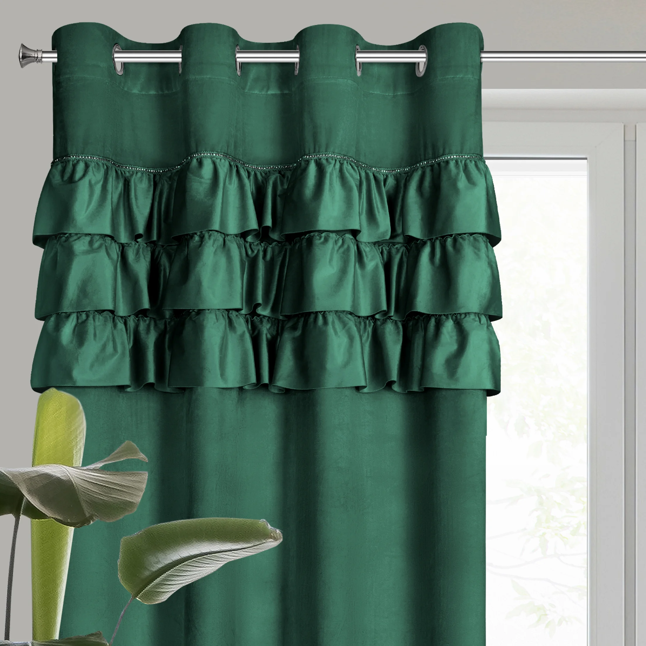 Zasłona welwetowa ciemnozielona zdobiona falbanami 140x250 cm przelotka - SAMI | eurofirany