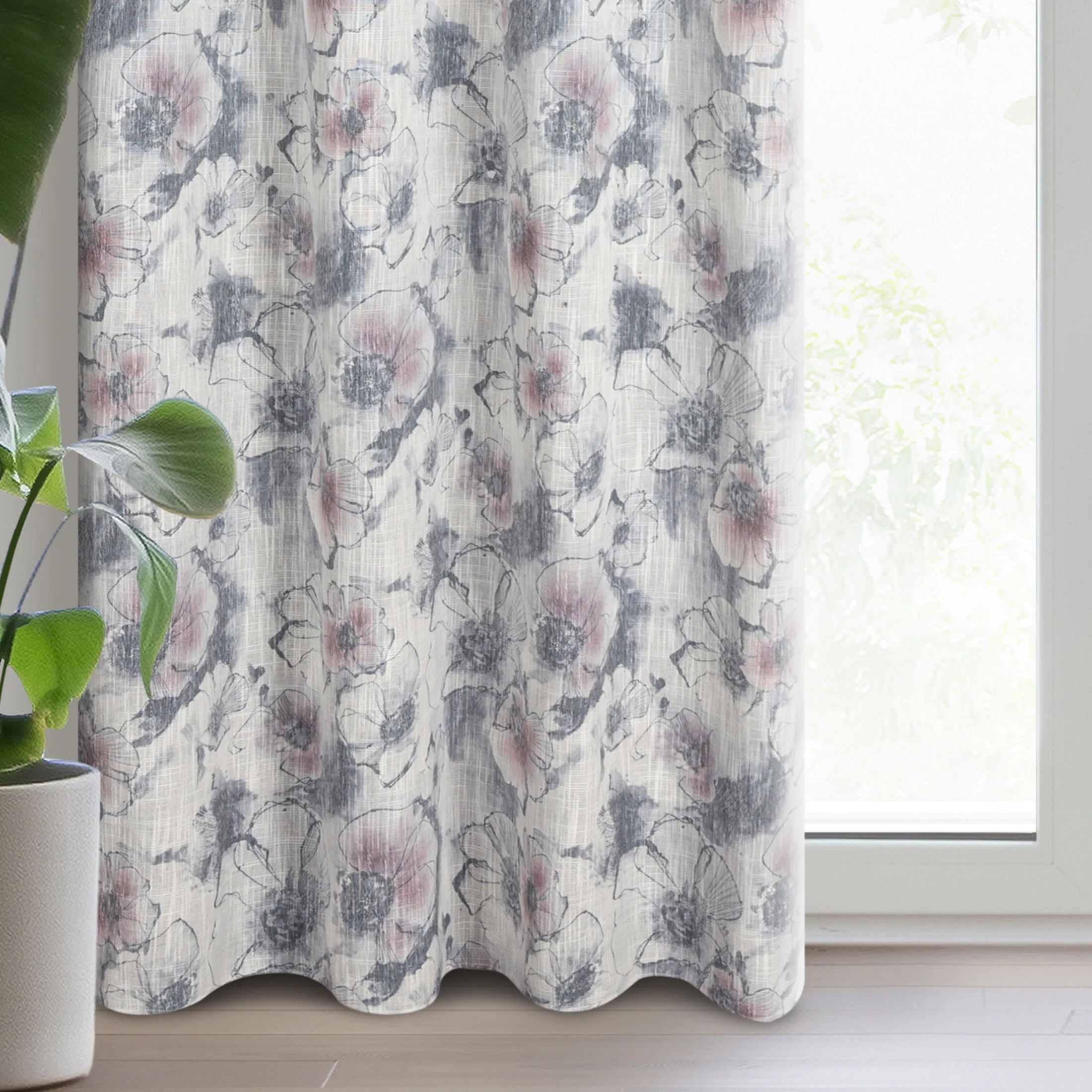 Zasłona naturalno, szara w stylu eko w piękny wzór kwiatów 140x260 cm przelotka - FRIDA | eurofirany