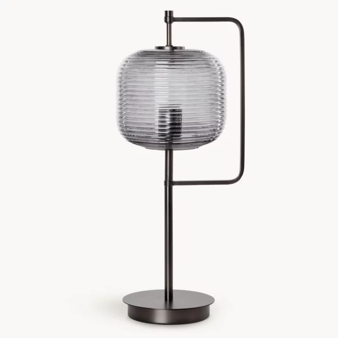 Lampa stołowa nocna grafitowa nowoczesna ze szklanym tłoczonym abażurem 24x55 cm ARON