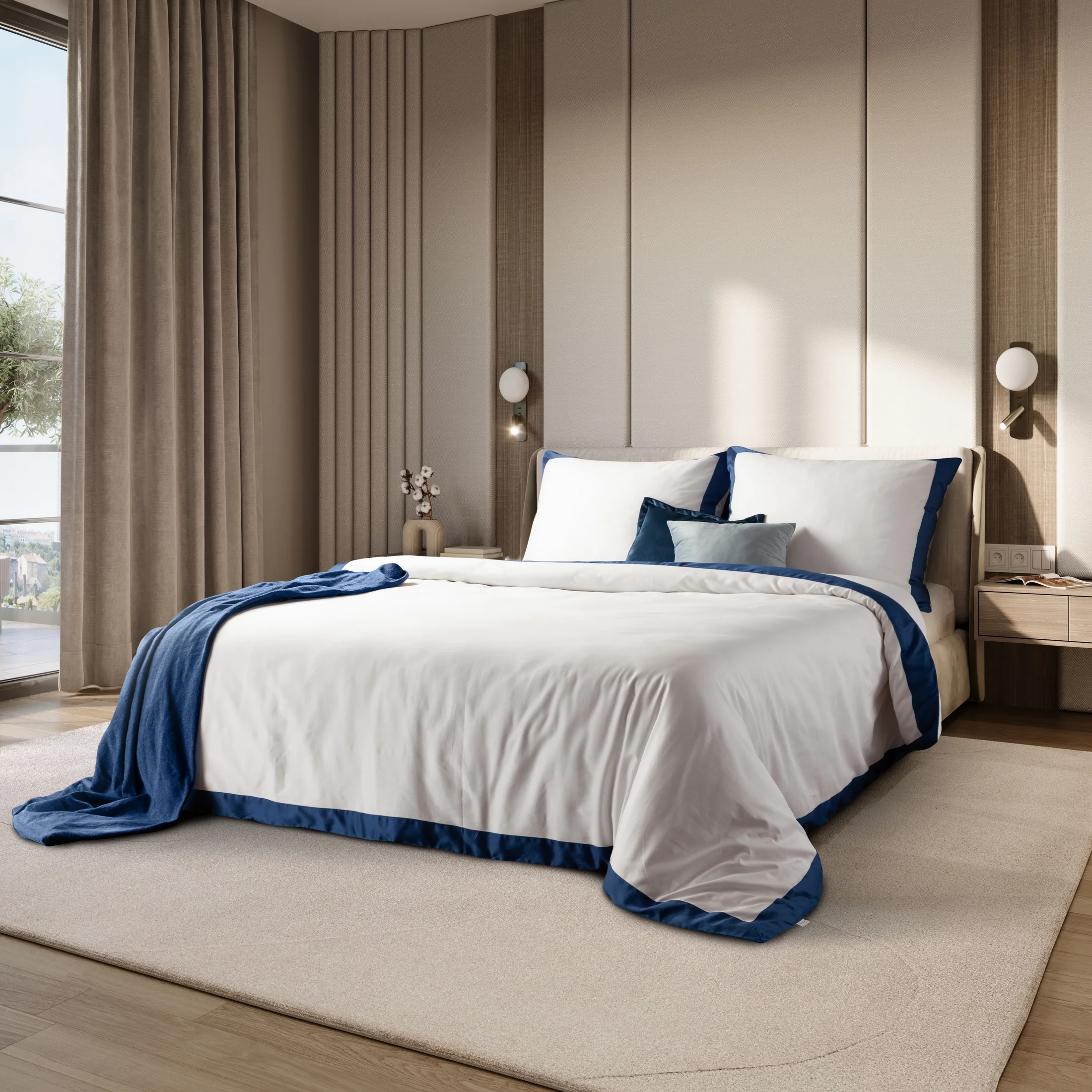 Pościel 160x200 cm bawełniana z makosatyny kolor biały, ciemnozielony z kontrastującą kantą Reina Line |