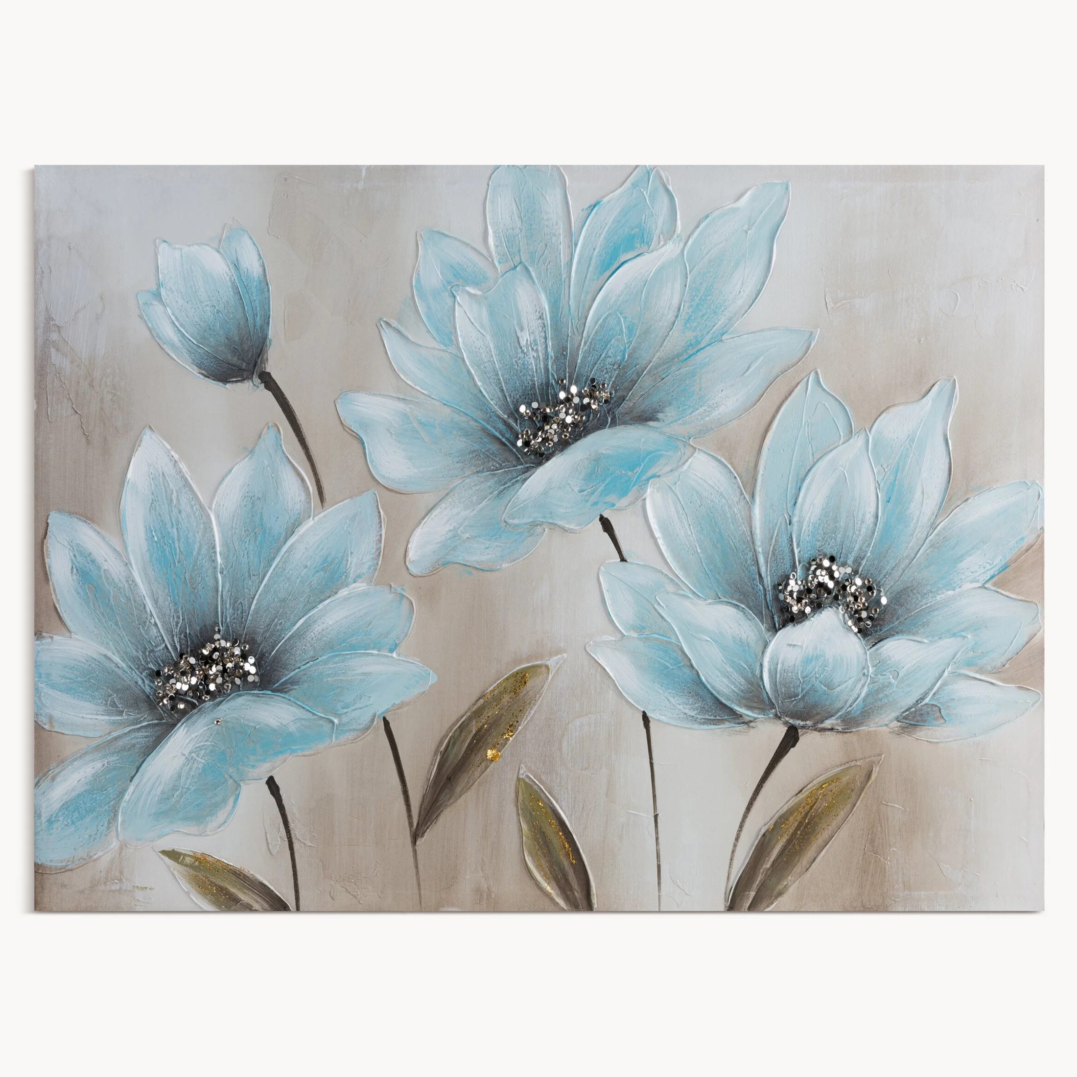 Obraz BLOOM 3 ręcznie malowany na płótnie niebieskie kwiaty wykończone lśniącym brokatem | eurofirany