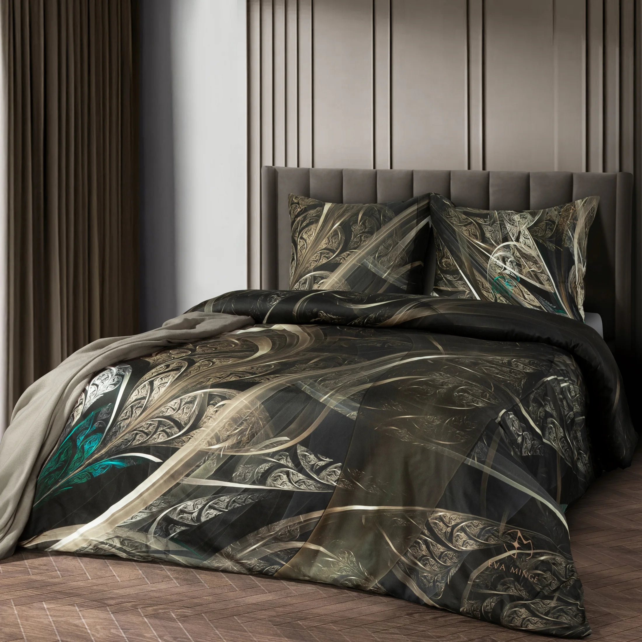Pościel 160x200 cm z makosatyny bawełnianej kolor czarny, złoty z designerskim wzorem SOREIA Eva Minge | eurofirany