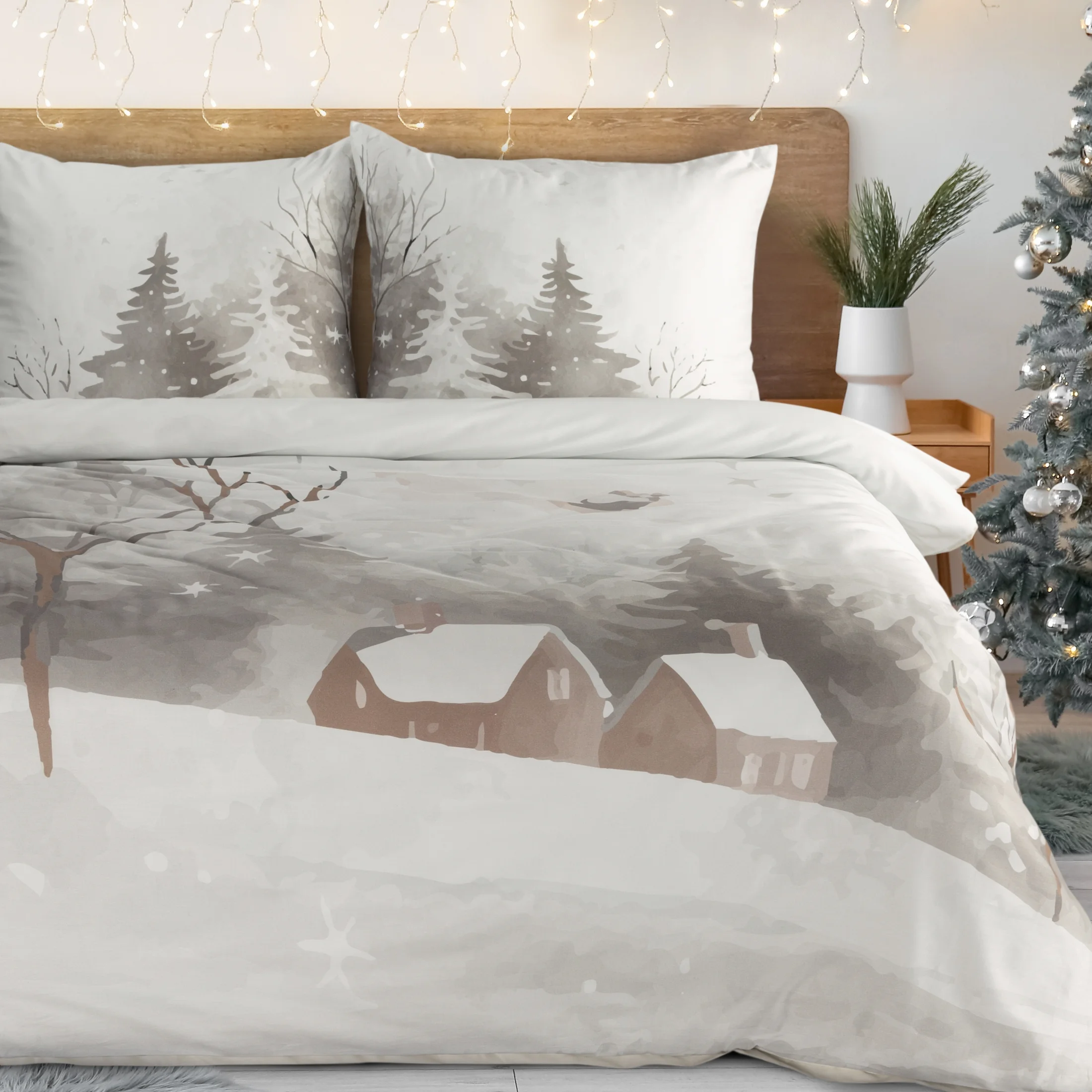 Pościel świąteczna 140x200 cm z satyny bawełnianej, kolor biały, stalowy zdobiona nadrukiem zimowego krajobrazu INVERNO | eurofirany