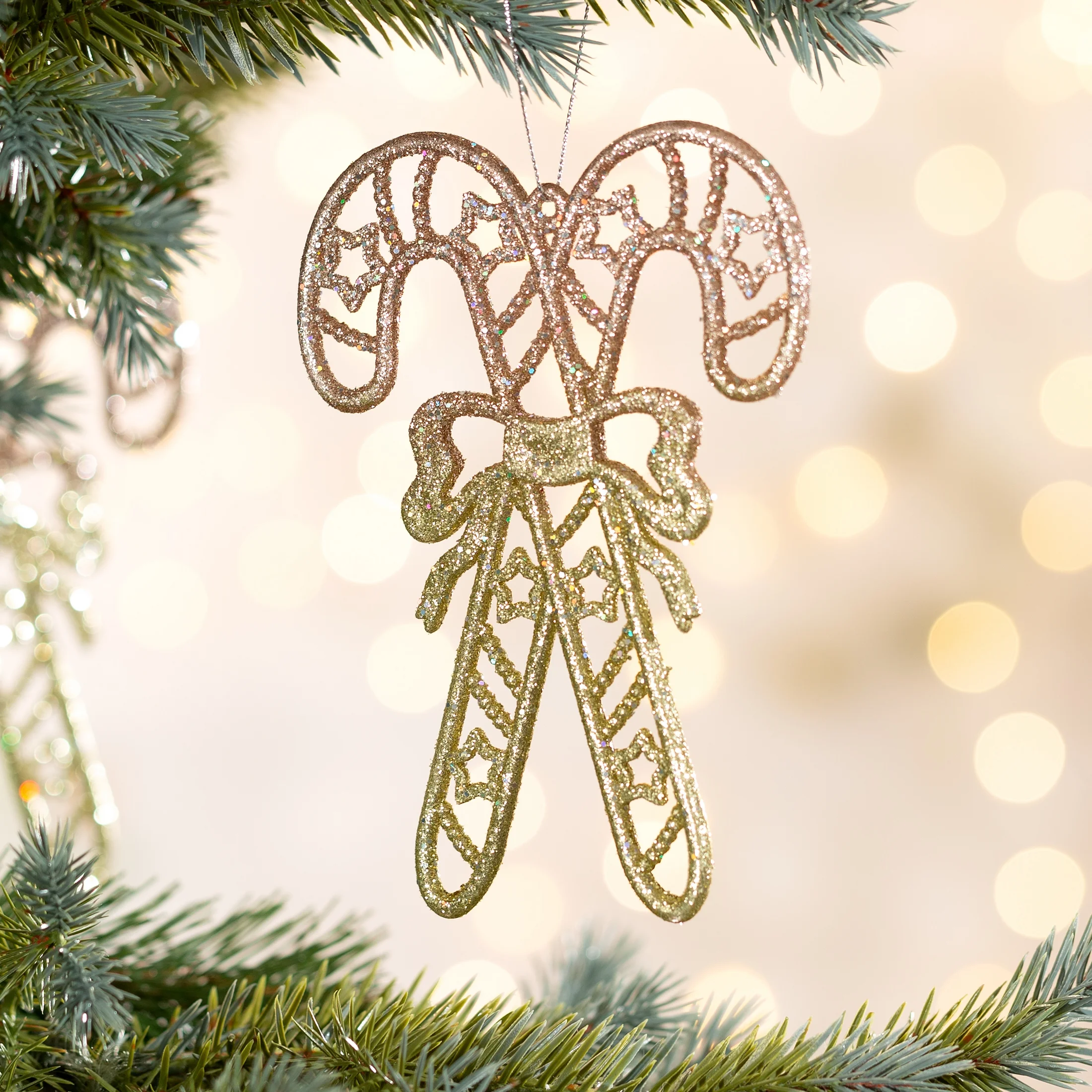 Ozdoba choinkowa CUKROWE LASKI obsypane złocisto-różowym brokatem | eurofirany