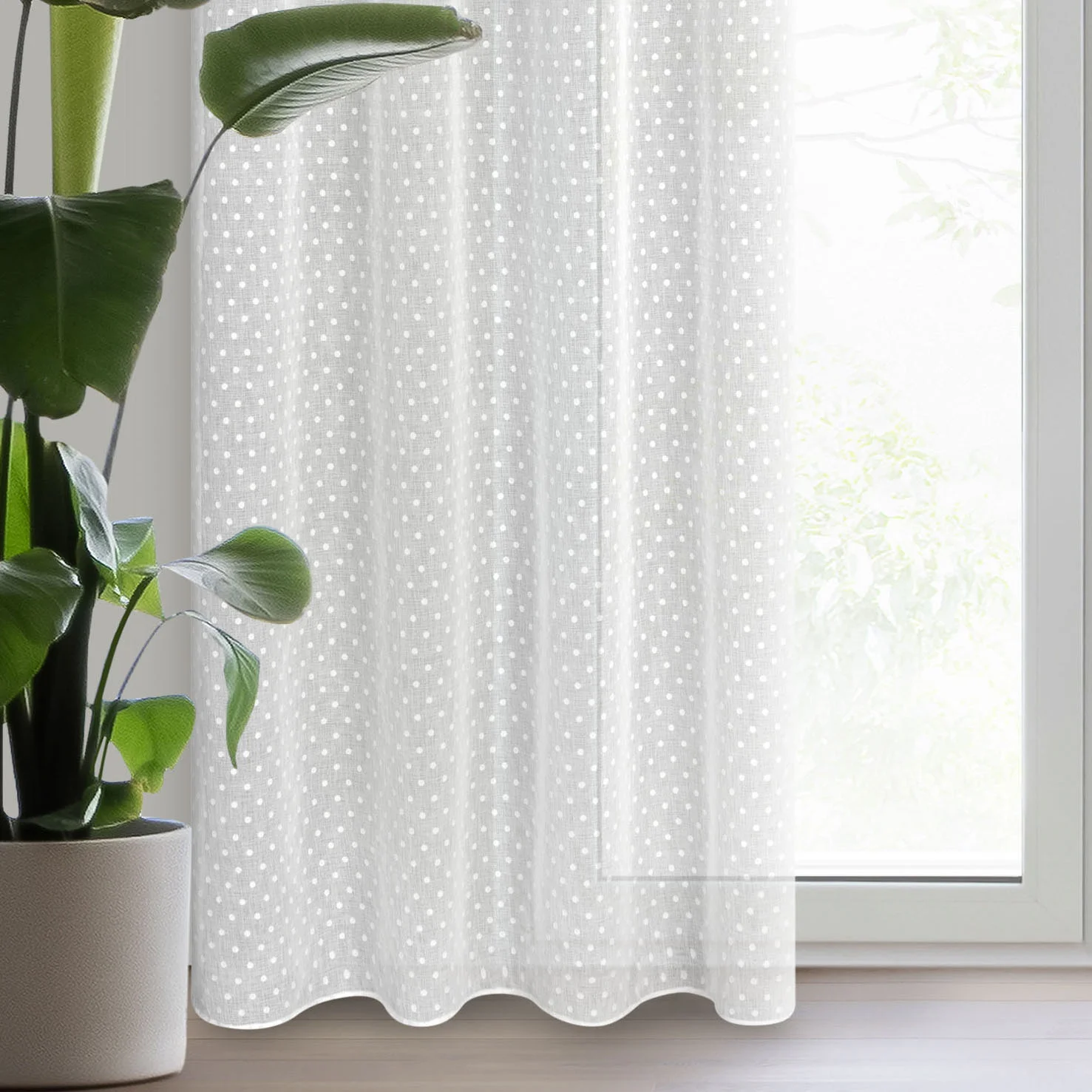 Zasłona biała w groszki z etaminy 140x250 cm przelotka - HANIA | eurofirany