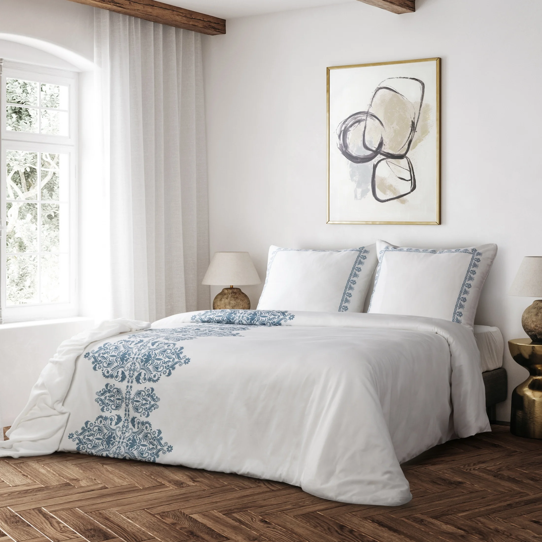 Ekskluzywna pościel 160x200 cm bawełniana kolor biały, ciemnoniebieski z ornamentowym wzorem Reina Line | eurofirany