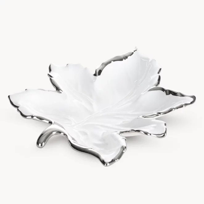 Patera ceramiczna biało-srebrna  w kształcie liścia 28x30x5 cm ABBI