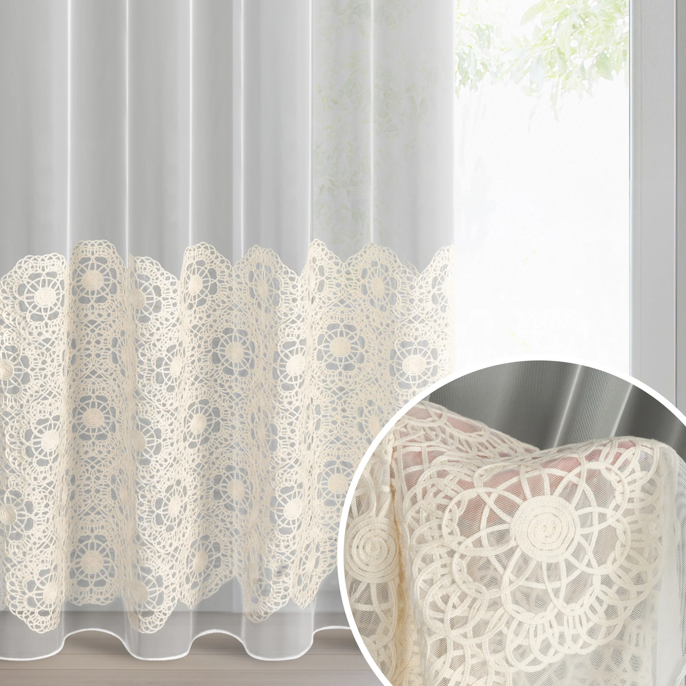 Firana beżowa z tkaniny typu peru zdobiona aplikacją 140x250 cm przelotka - LIZA | eurofirany