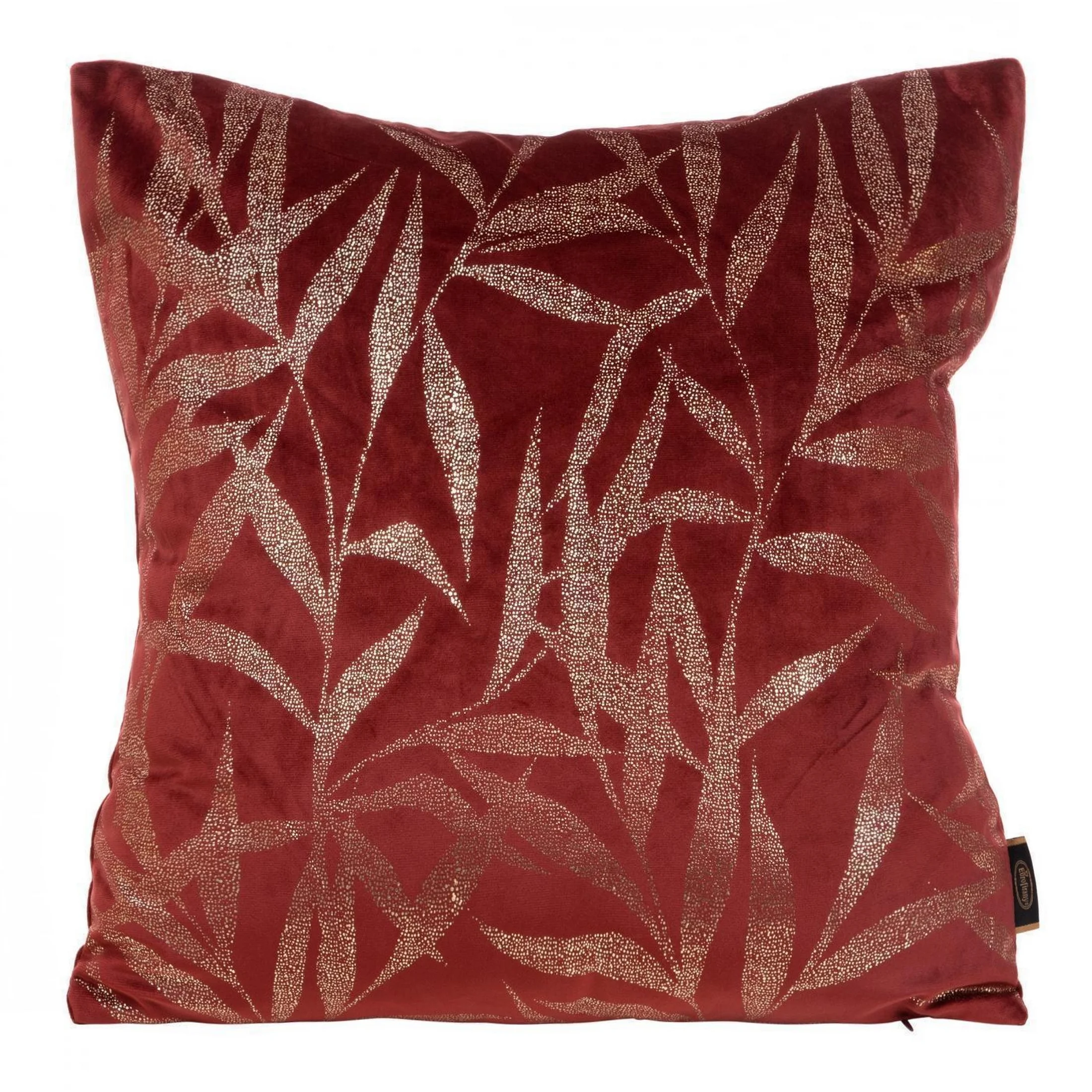 Poszewka na poduszkę 45x45 cm welwetowa kolor bordowy ze złocistym nadrukiem liści BLINK 22 | eurofirany