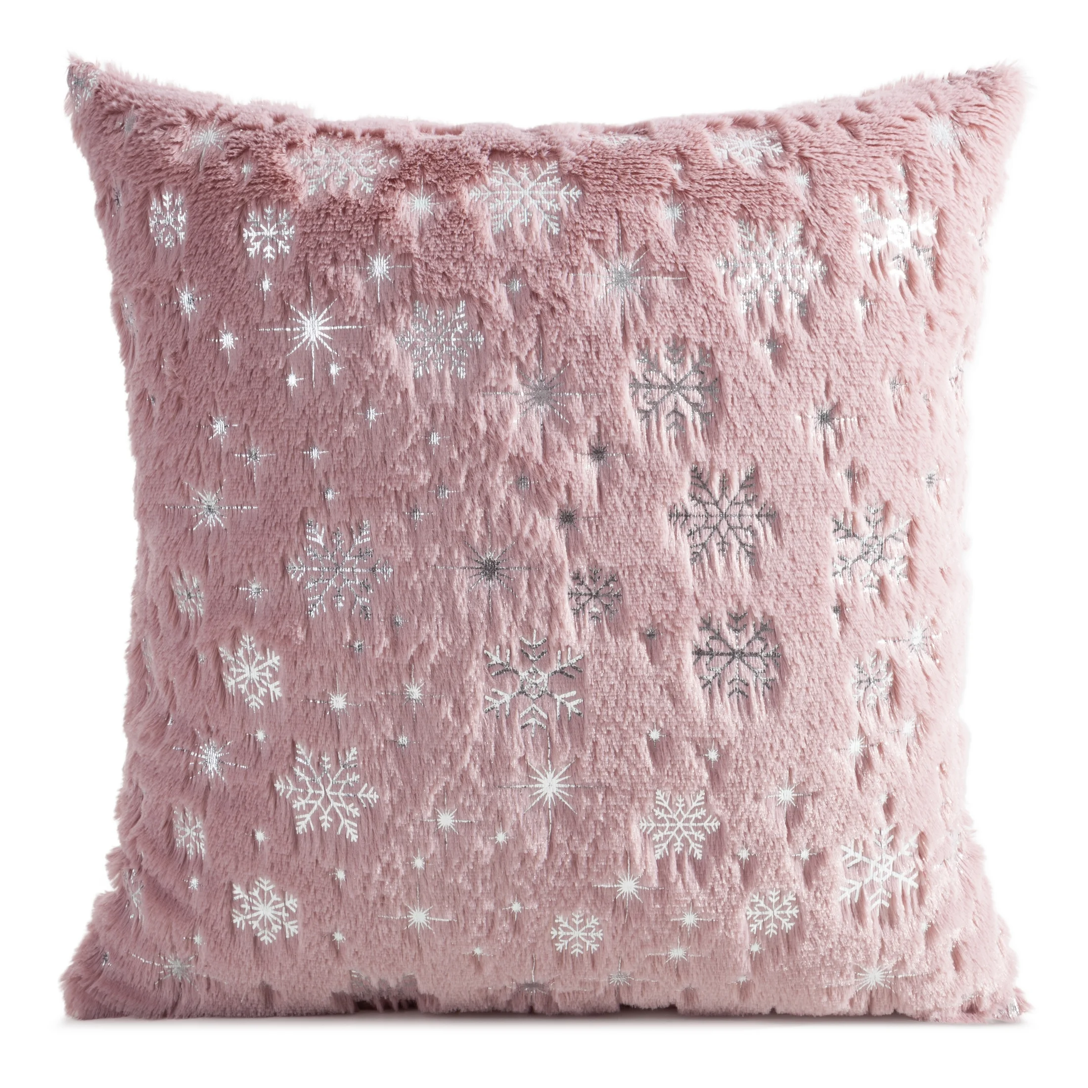 Poszewka na poduszkę świąteczna 45x45 cm pudrowo, srebrna z przyjemnego futerka zdobiona nadrukiem śnieżynek | eurofirany