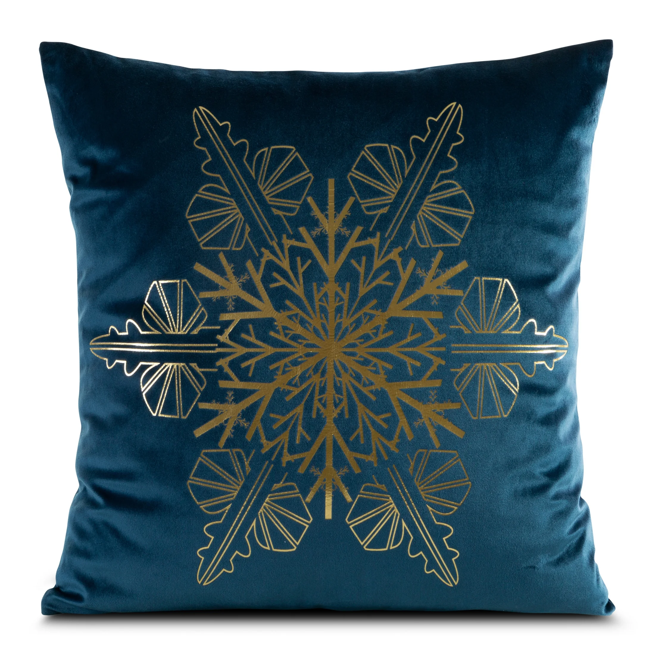Poszewka na poduszkę 45x45 cm welwetowa, granatowo złota zdobiona śnieżynkami JOY | 