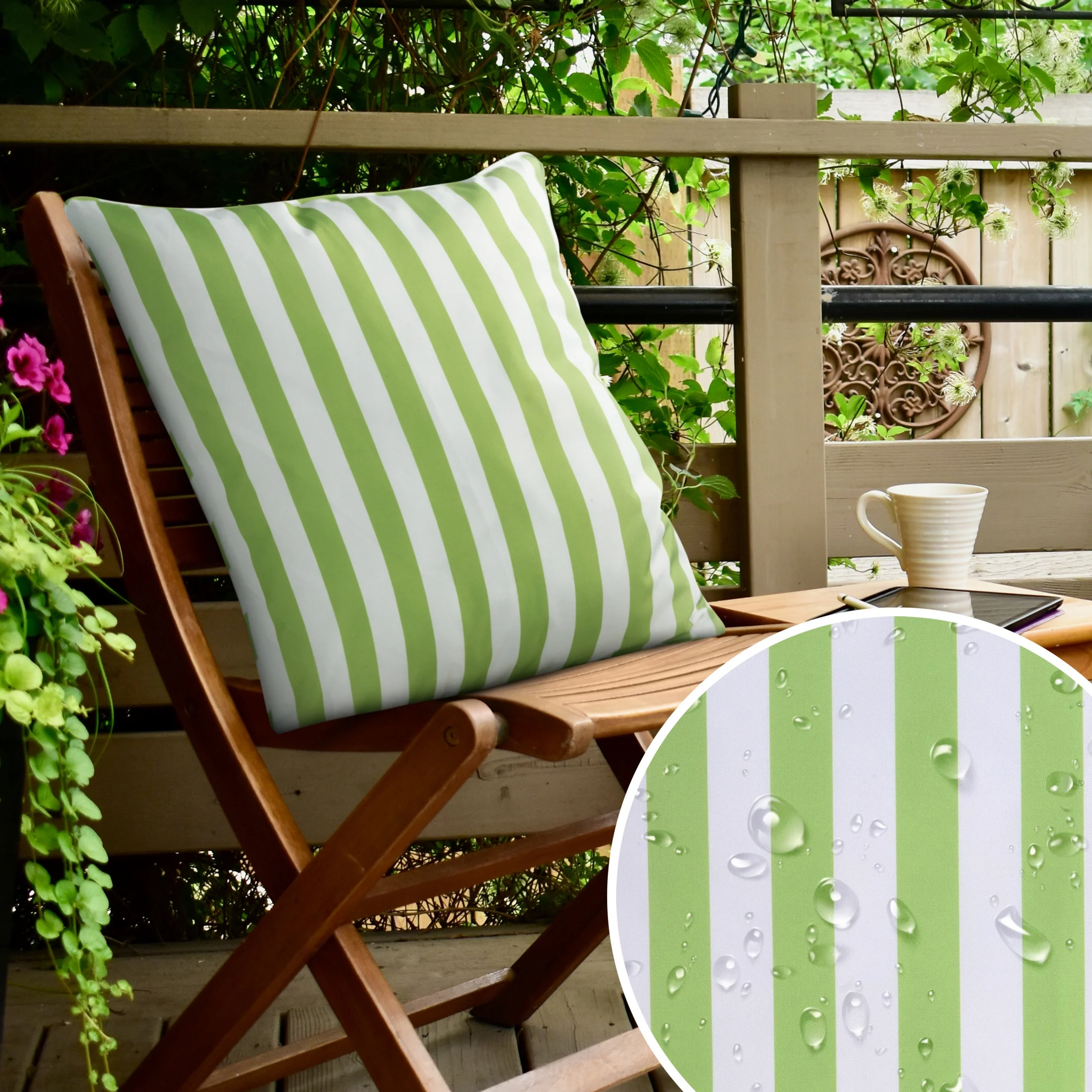 Poszewka na poduszkę 45x45 cm z tkaniny wodoodpornej jasnozielono, biała idealna do ogrodu i na taras zdobiona pasami GARDEN 6 |
