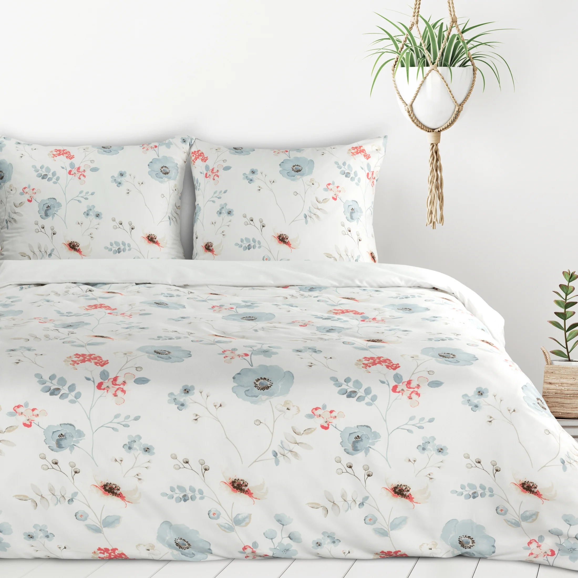 Pościel 160x200 cm z mikrowłókna kolor biały, błękitny z motywem kwiatowym INES Design 91 | eurofirany
