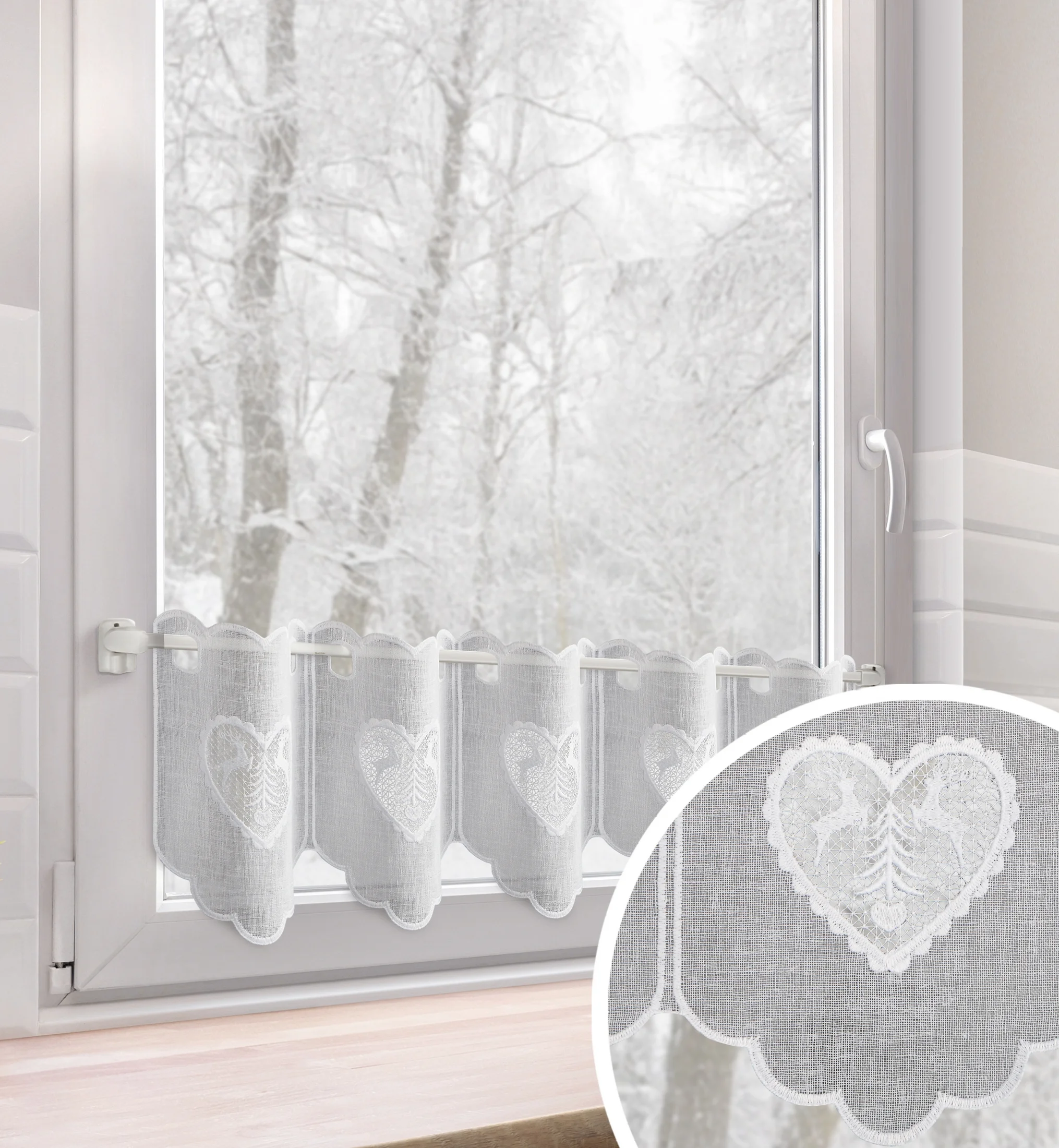 Tkanina firanowa zazdrostka z etaminy zdobiona świątecznym ażurowym haftem