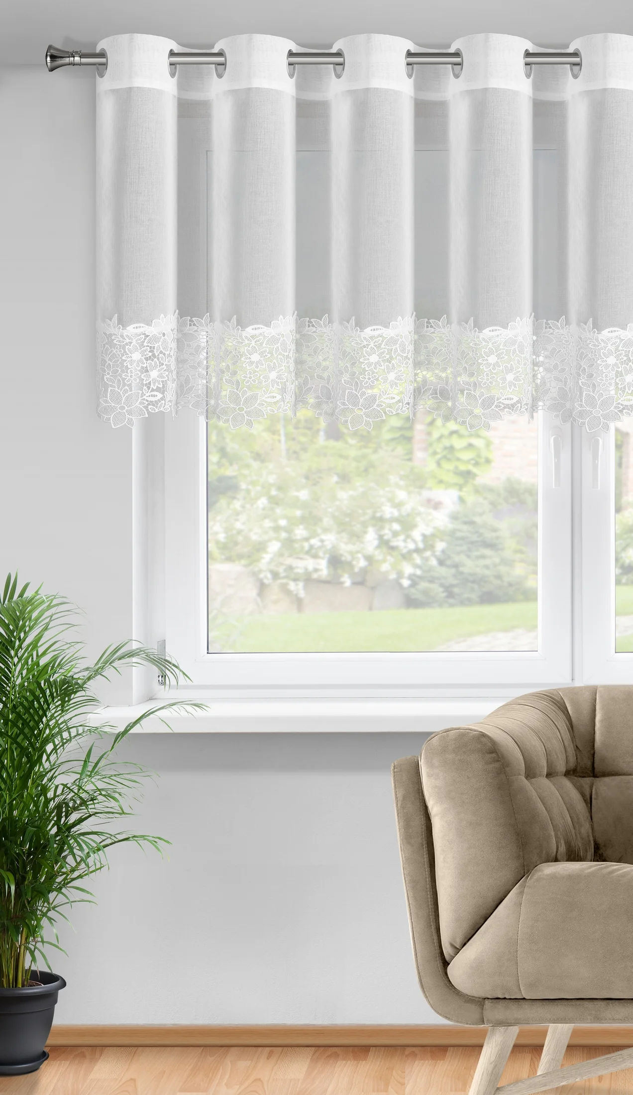 Firana biała z etaminy zdobiona ażurową koronką 200x70 cm, przelotka - ARTEMIDA