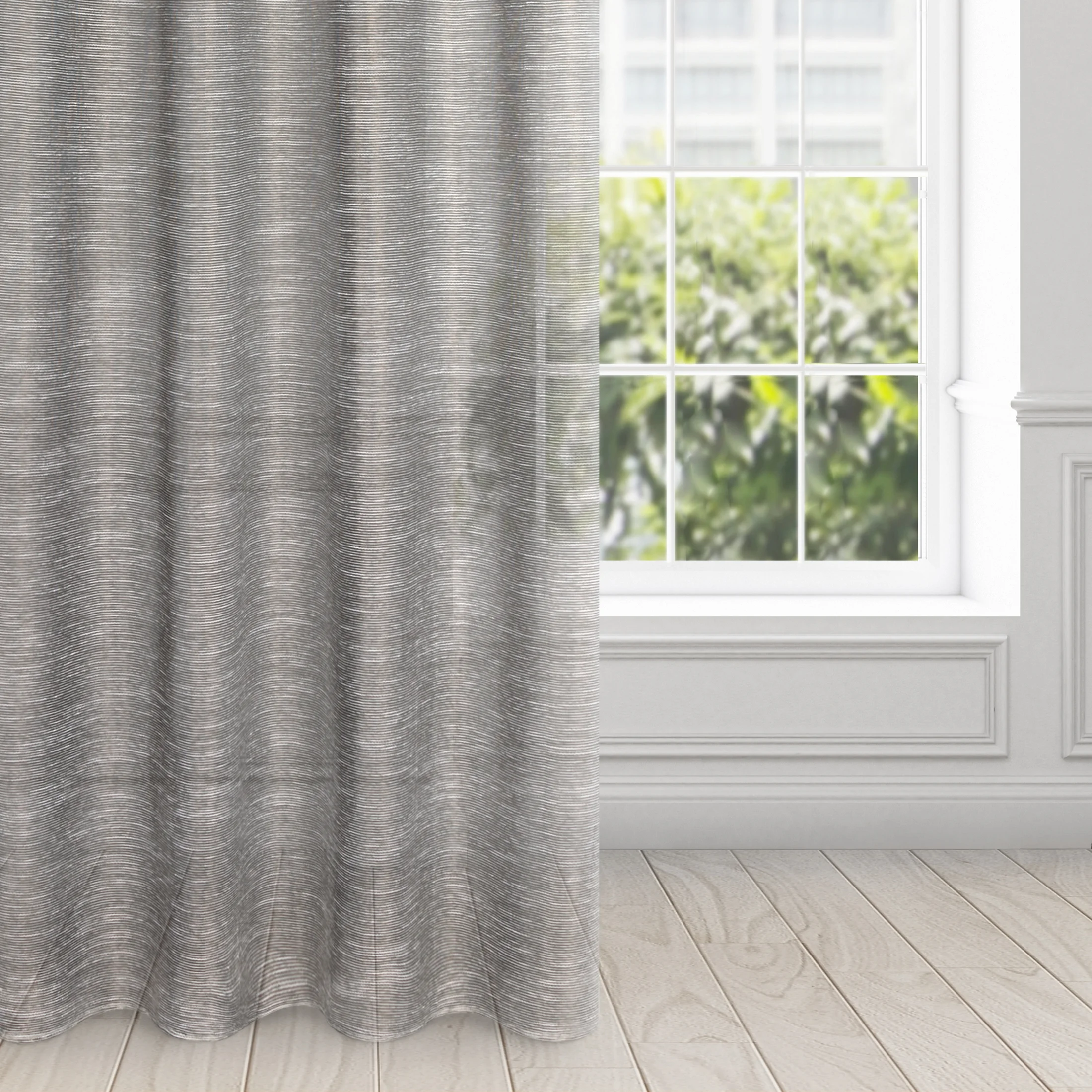 Firana stalowa z rysunkiem poziomych nitek na błyszczącym tle 140x250 cm przelotka RACHEL | eurofirany