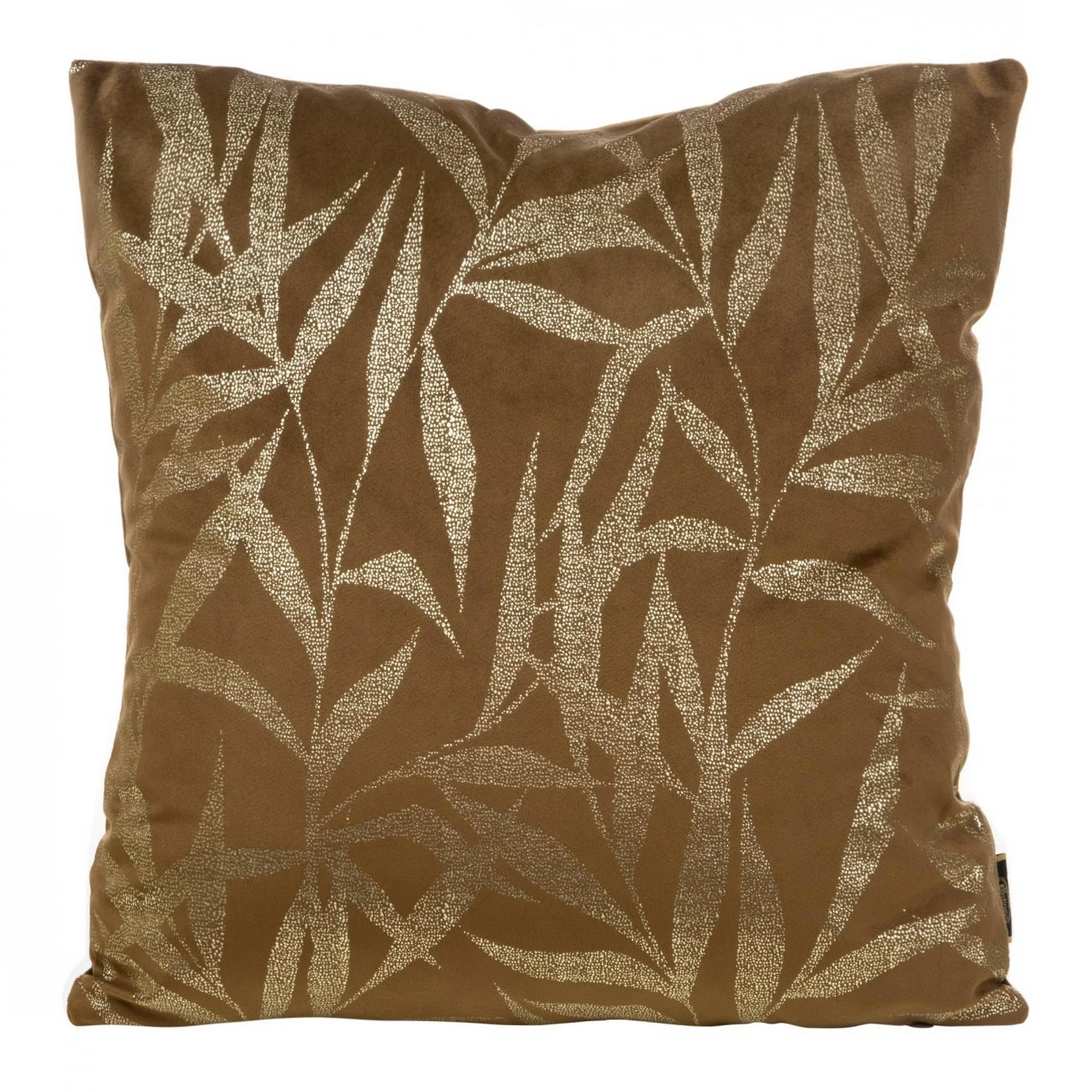 Poszewka na poduszkę 45x45 cm welwetowa kolor brązowy ze złocistym nadrukiem liści BLINK 22 | eurofirany