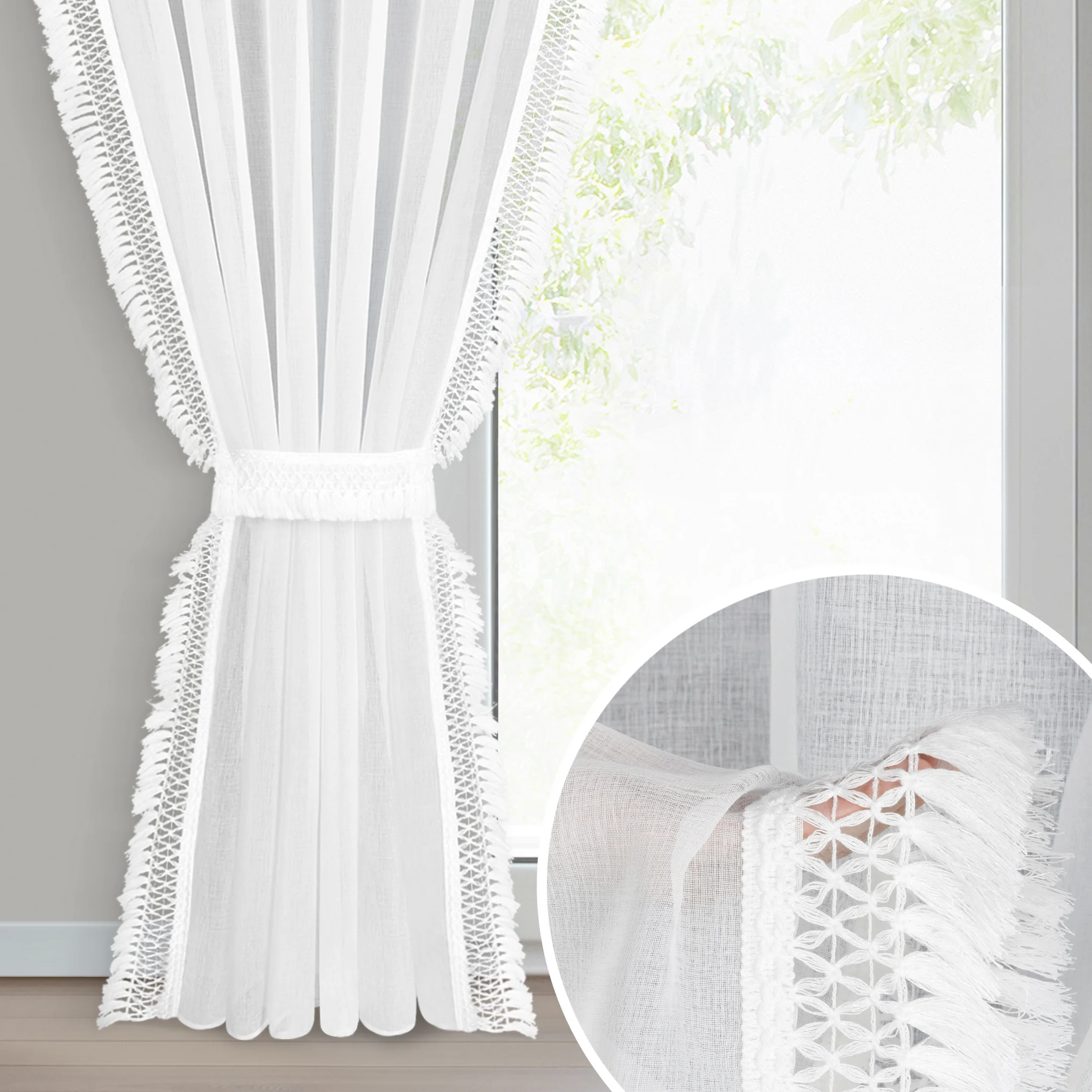 Firana biała z etaminy zdobiona na bokach subtelnymi frędzlami w zestawie troczek 140x270 cm taśma KIRA 2 | eurofirany