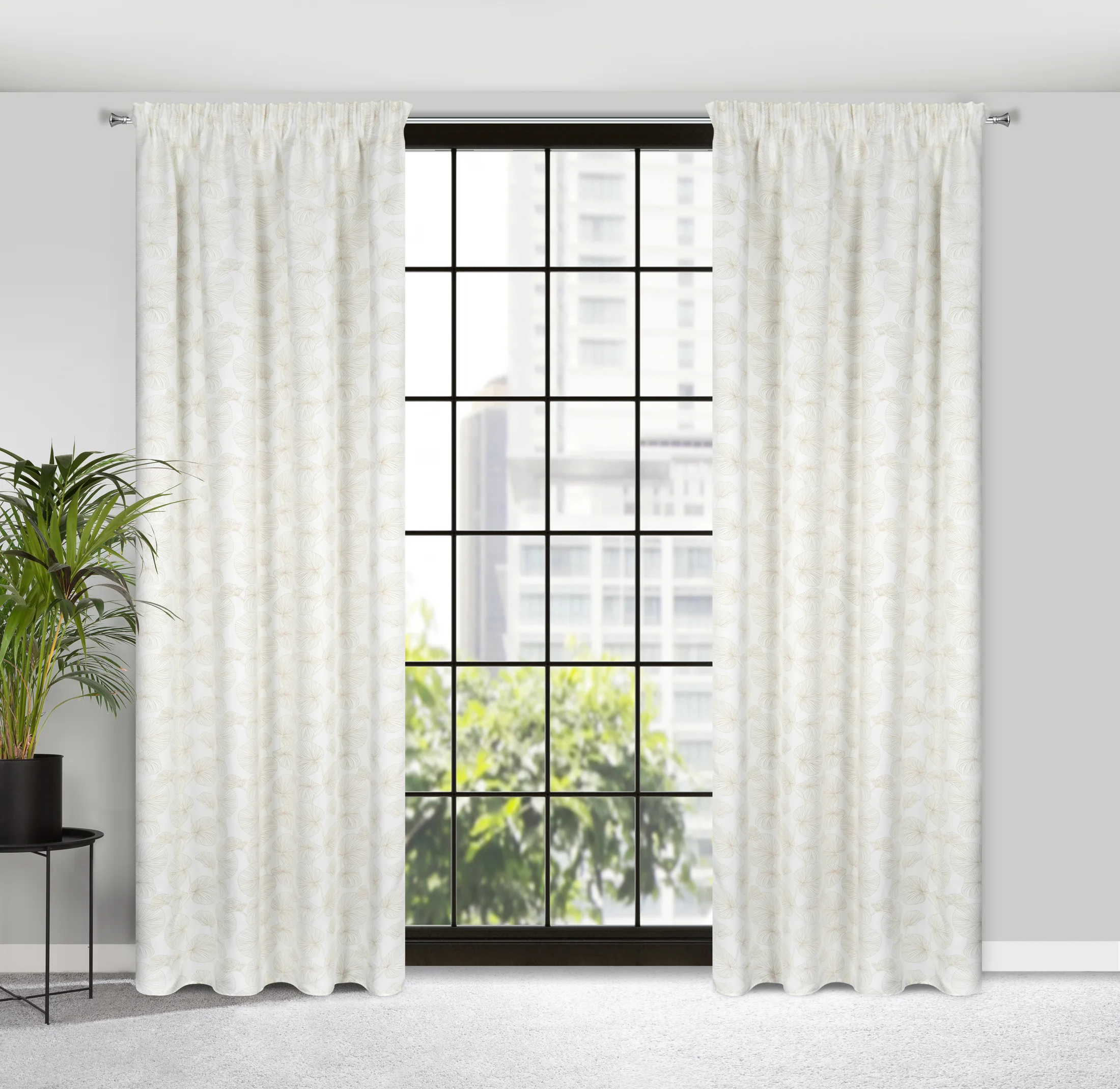 Zasłona biało, złota ze wzorem liści, zaciemniająca 140x300 cm taśma - MARIGOLD